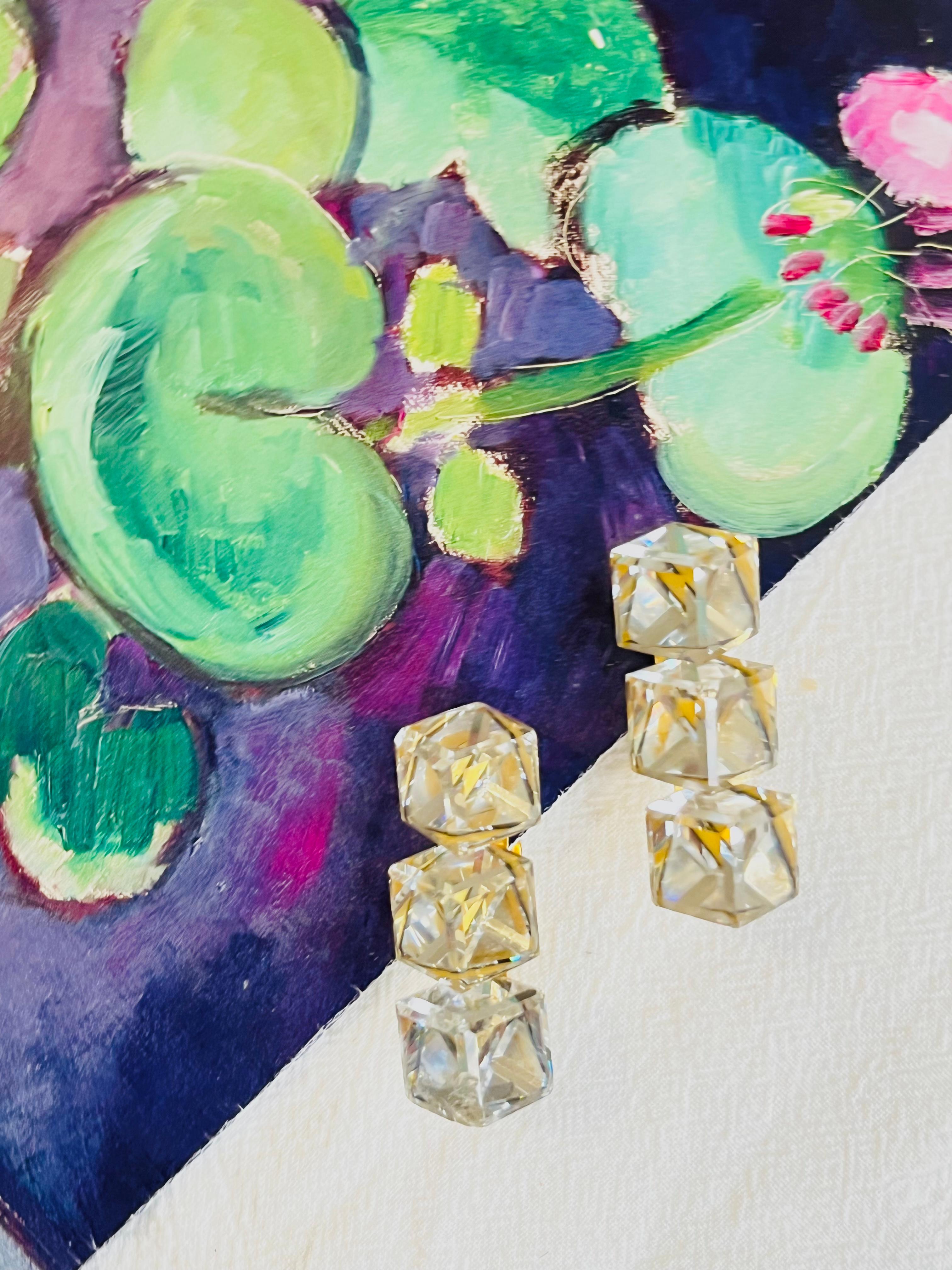 Art Deco Yves Saint Laurent YSL 1960s Trio Clear Crystal Cube Long Shining Clip Earrings For Sale