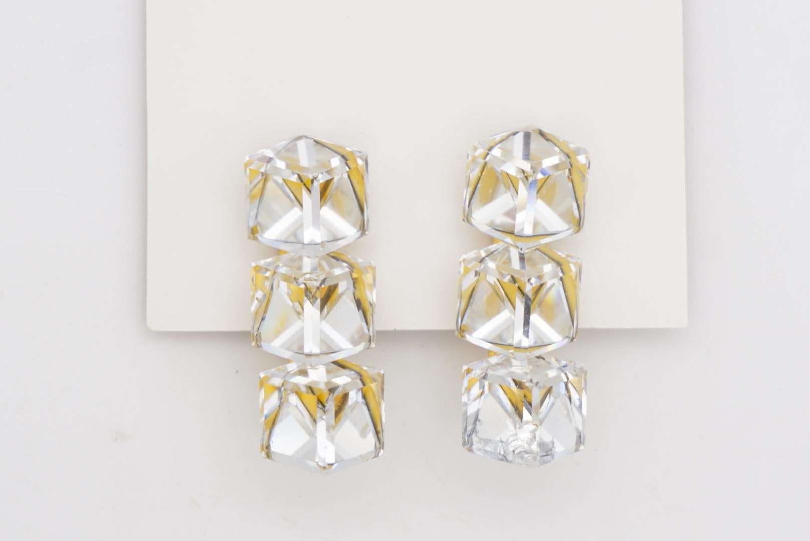 Yves Saint Laurent YSL 1960s Trio Clear Crystal Cube Long Shining Clip Earrings For Sale 4