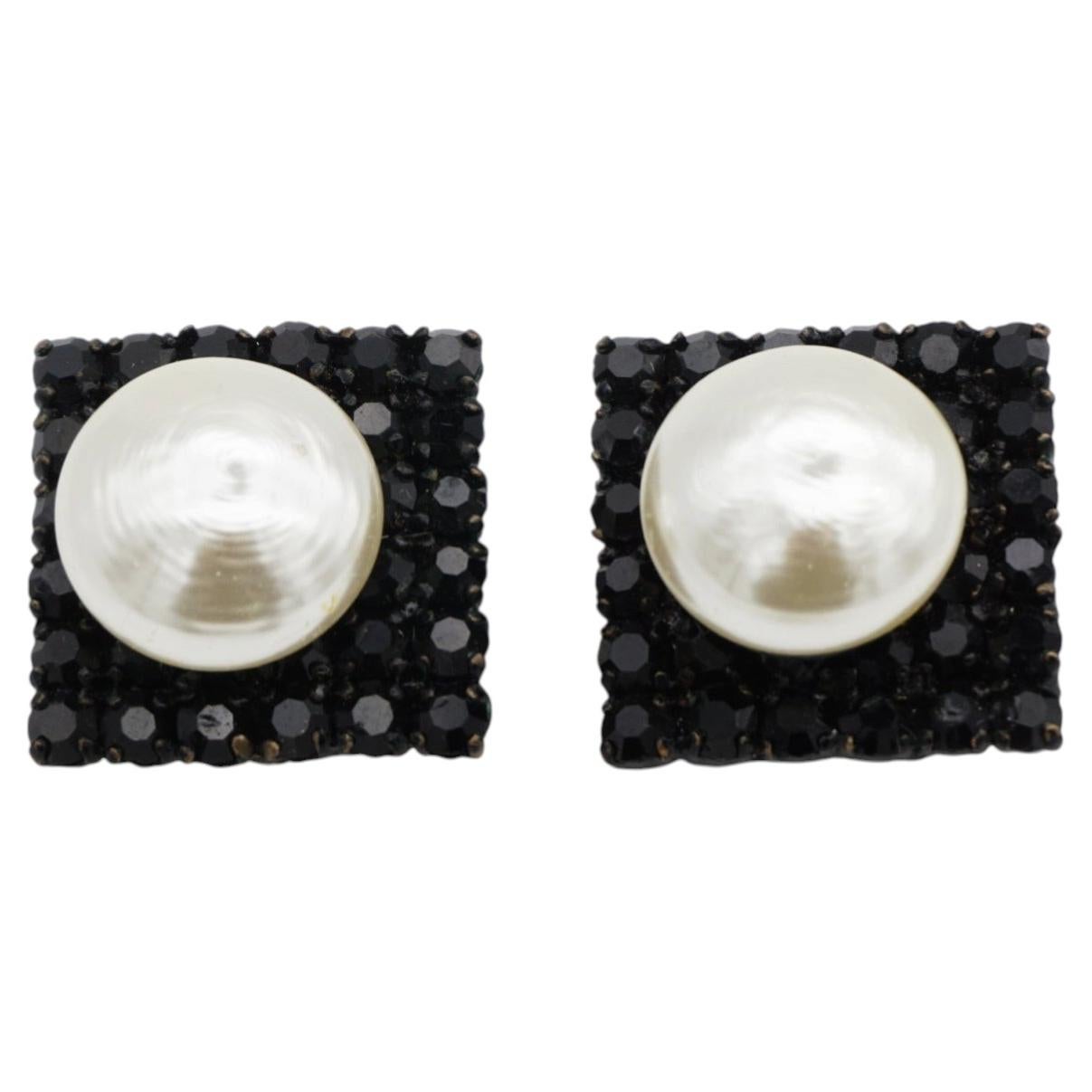 Yves Saint Laurent YSL 1962 Roger Scemama White Pearl Black Crystals Earrings For Sale