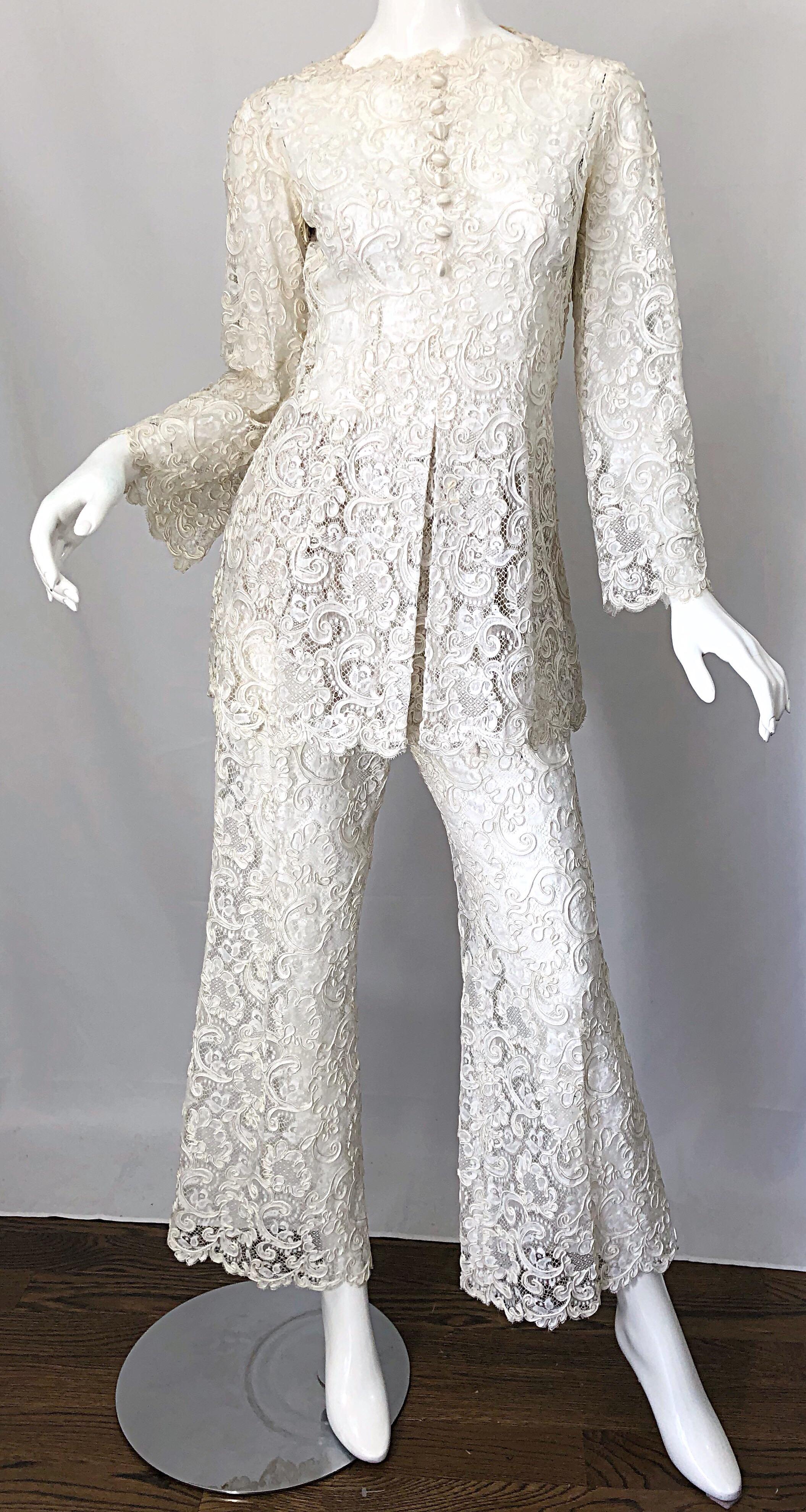 Yves Saint Laurent YSL 1970s Rare Ivory Belgium Lace 70s Tunic and Flared Pants 2