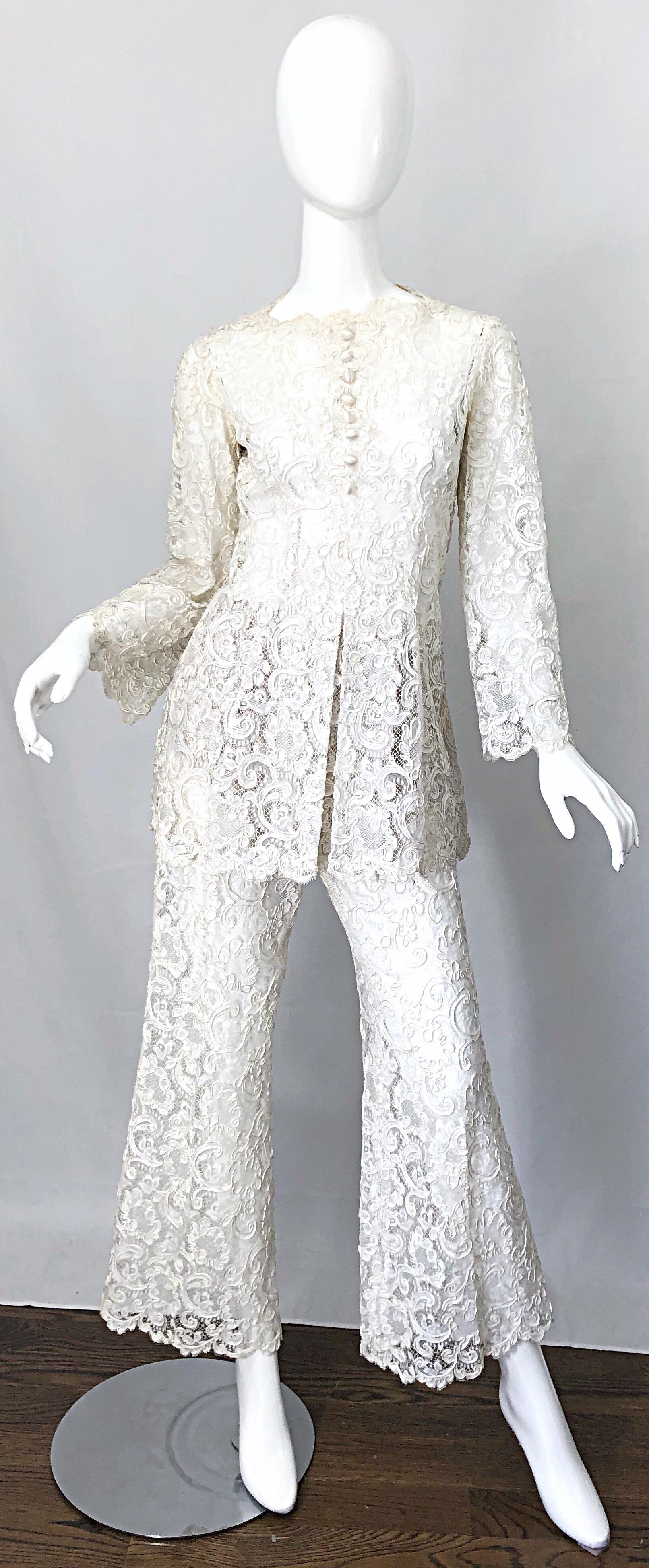 Yves Saint Laurent YSL 1970s Rare Ivory Belgium Lace 70s Tunic and Flared Pants 4