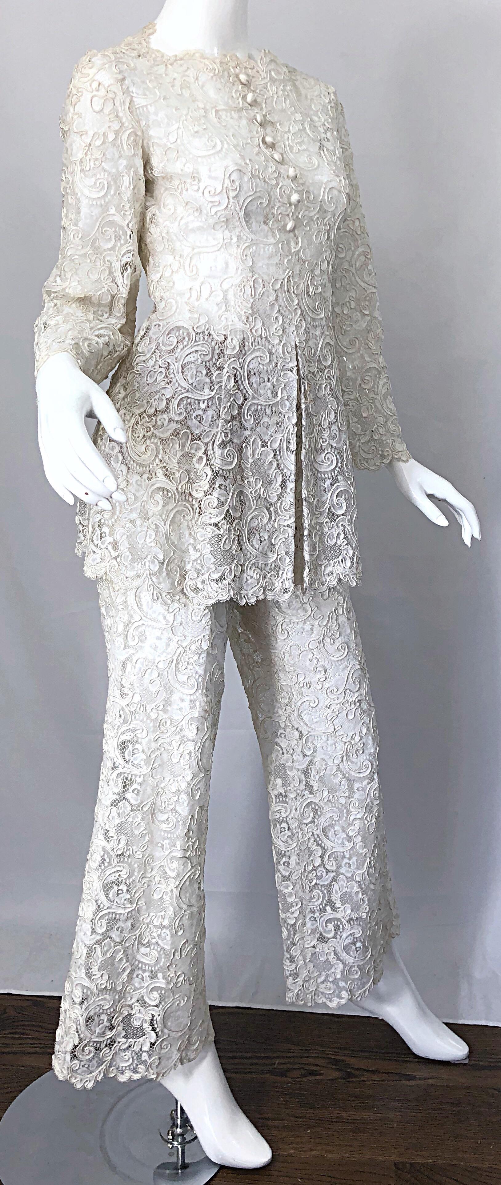 Yves Saint Laurent YSL 1970s Rare Ivory Belgium Lace 70s Tunic and Flared Pants 5