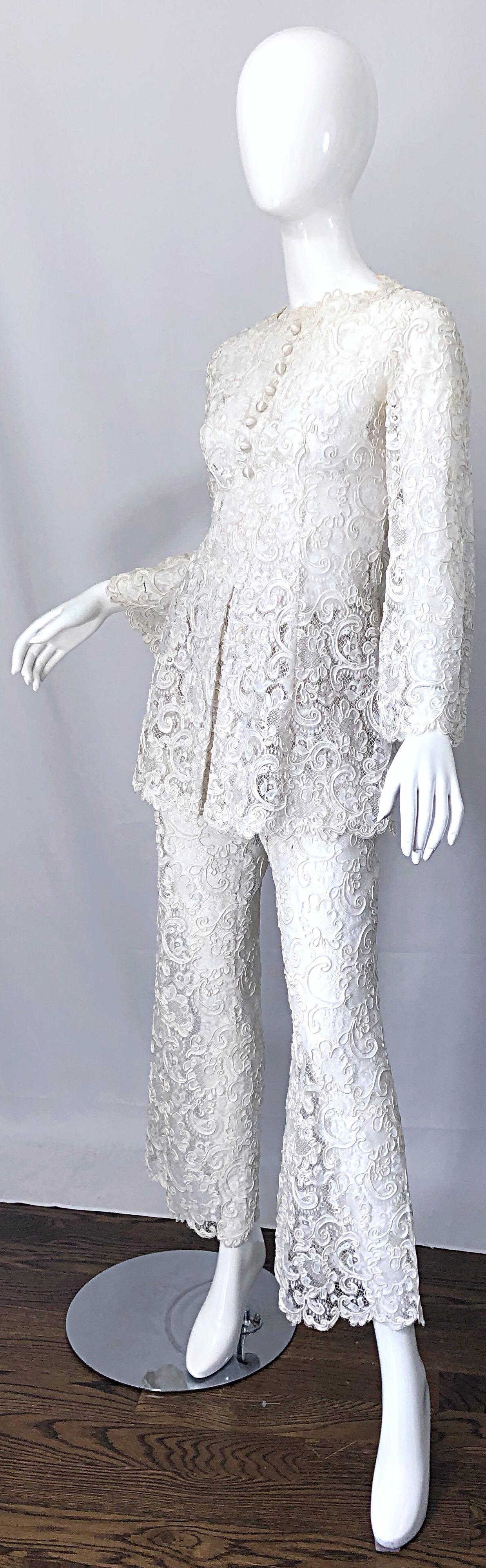 Yves Saint Laurent YSL 1970s Rare Ivory Belgium Lace 70s Tunic and Flared Pants 6