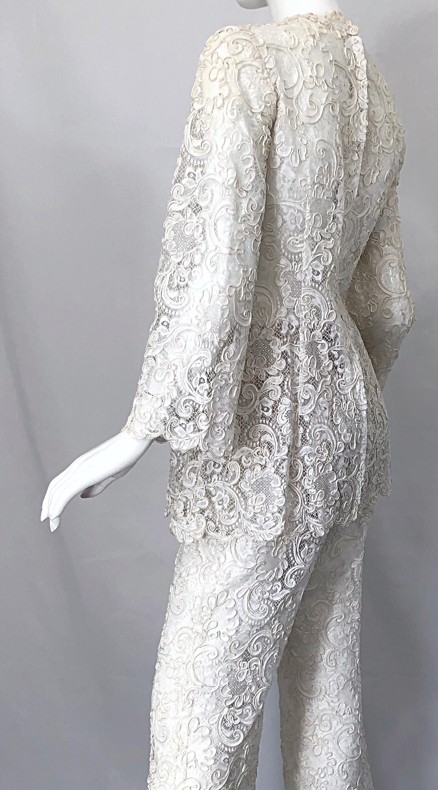 Yves Saint Laurent YSL 1970s Rare Ivory Belgium Lace 70s Tunic and Flared Pants 7
