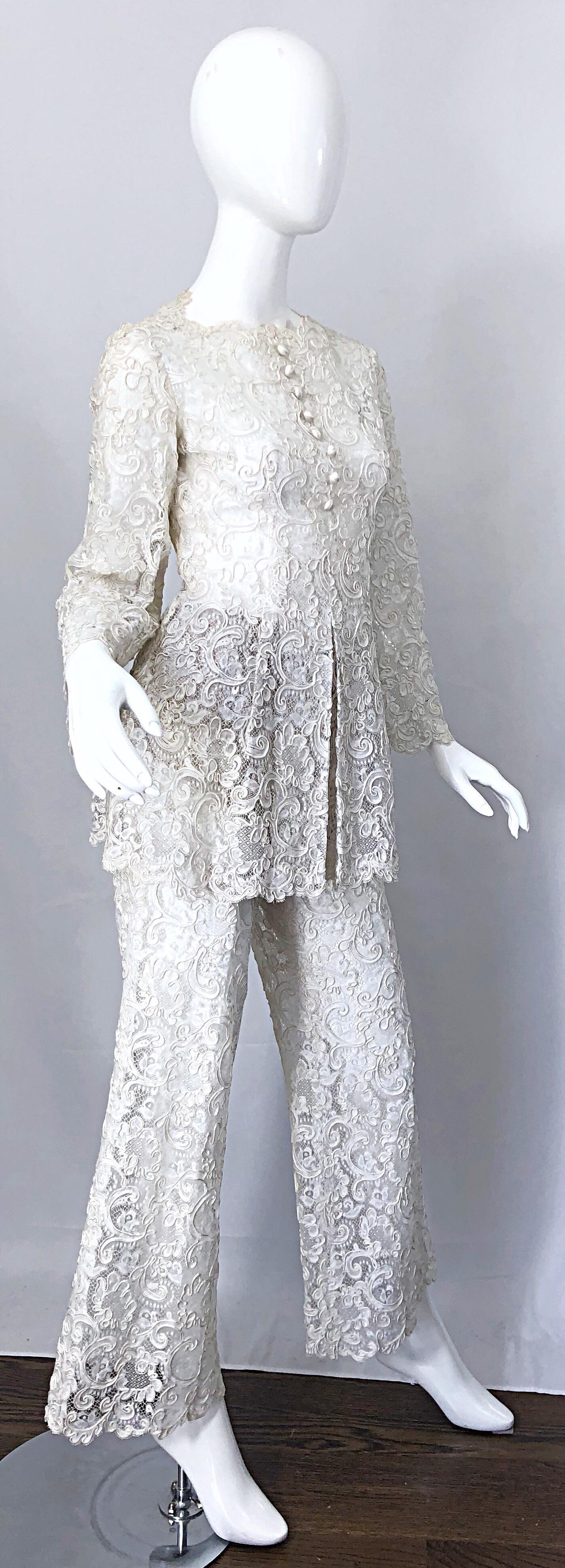 Yves Saint Laurent YSL 1970s Rare Ivory Belgium Lace 70s Tunic and Flared Pants 8