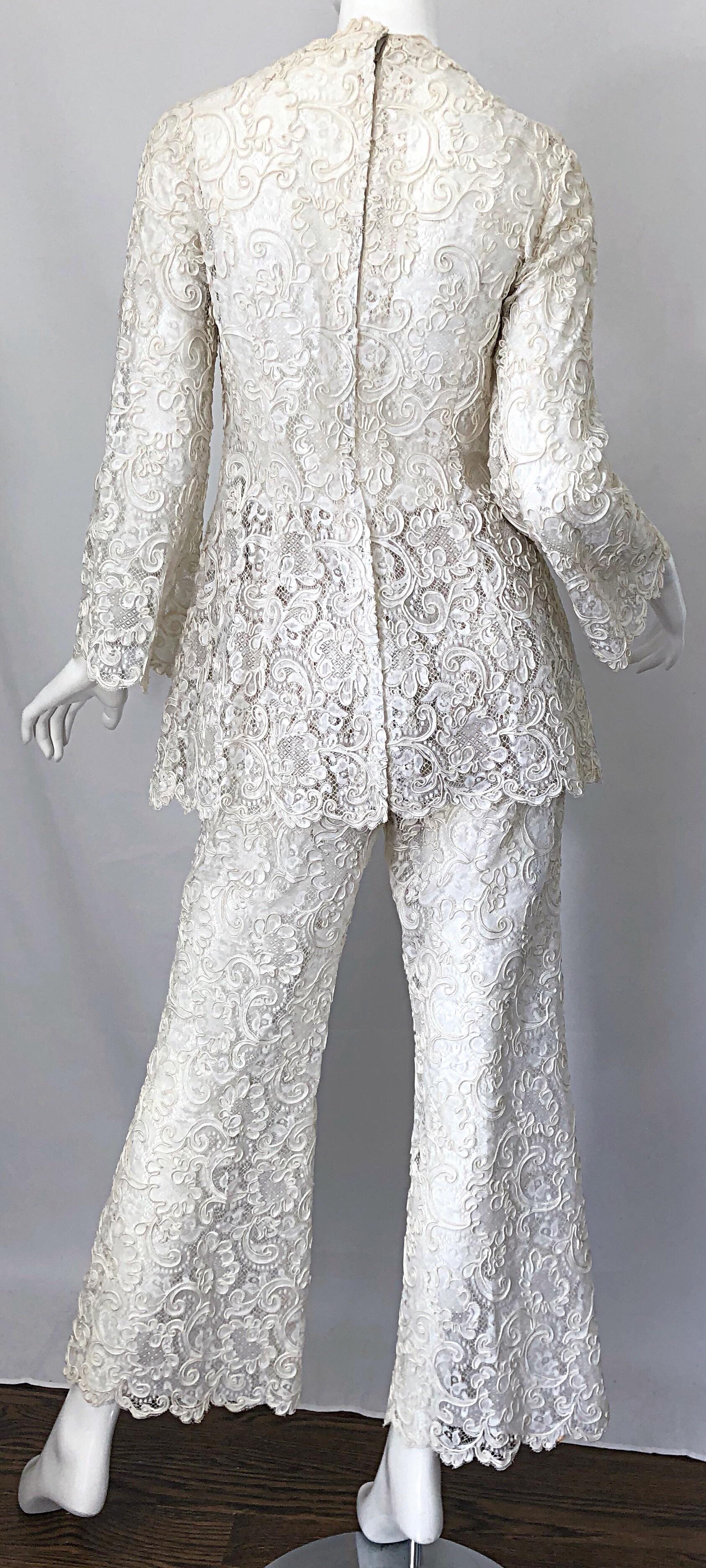 Yves Saint Laurent YSL 1970s Rare Ivory Belgium Lace 70s Tunic and Flared Pants 9