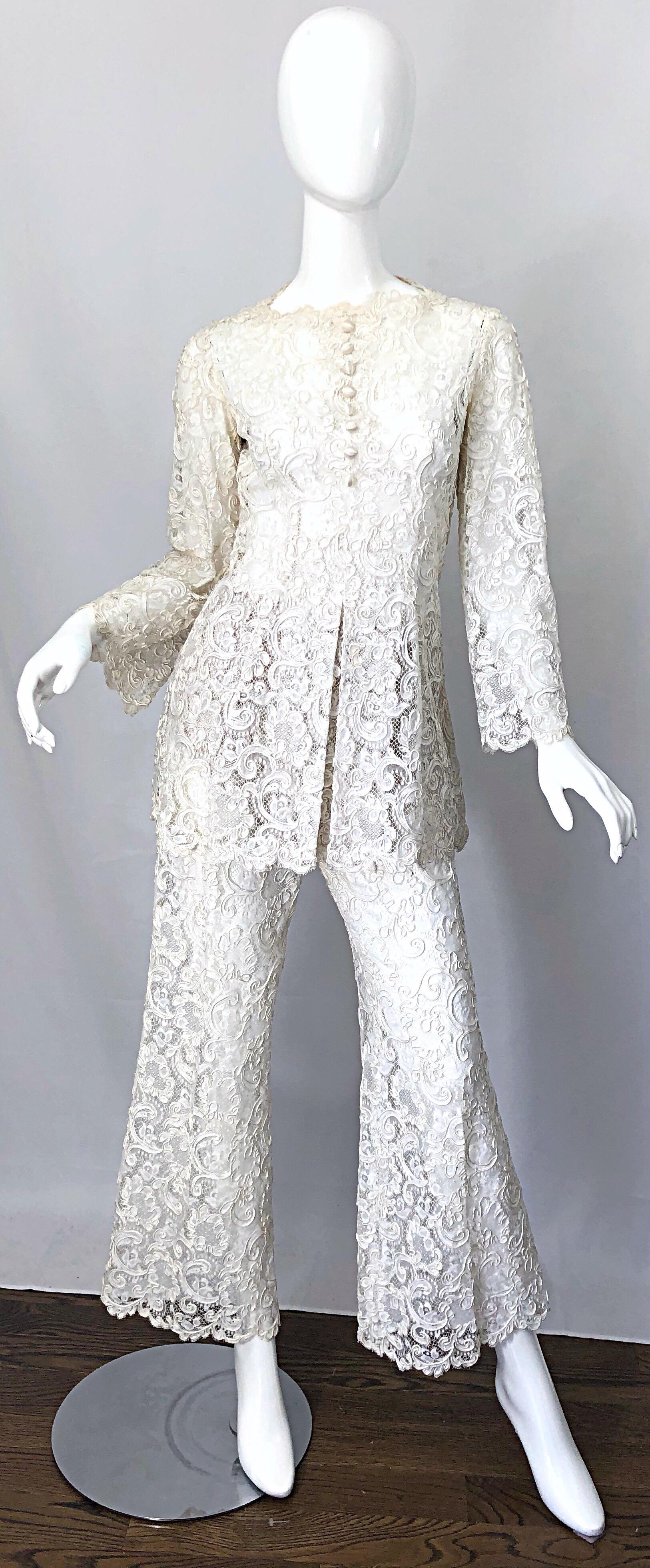 Yves Saint Laurent YSL 1970s Rare Ivory Belgium Lace 70s Tunic and Flared Pants 10