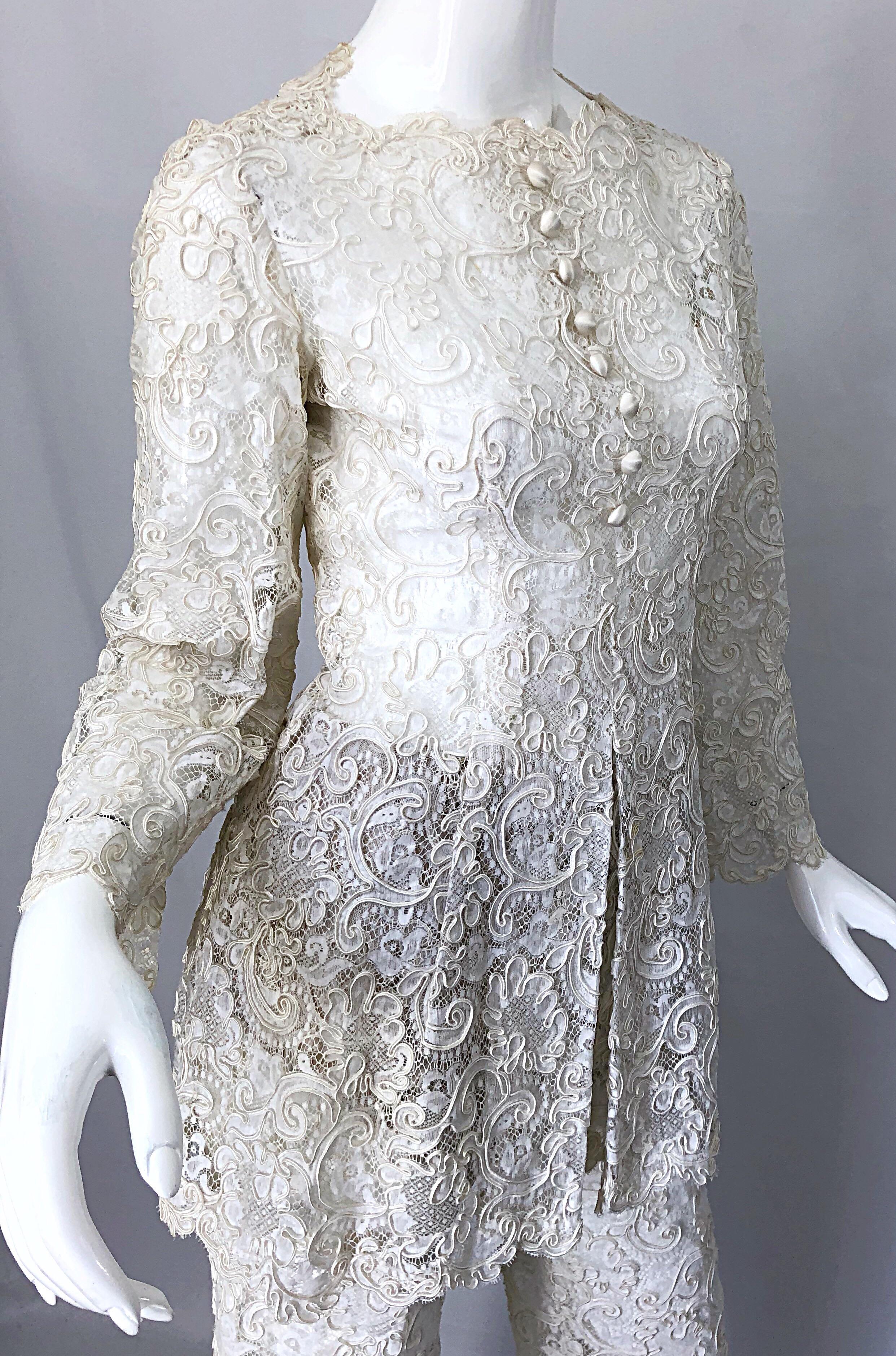 Gray Yves Saint Laurent YSL 1970s Rare Ivory Belgium Lace 70s Tunic and Flared Pants