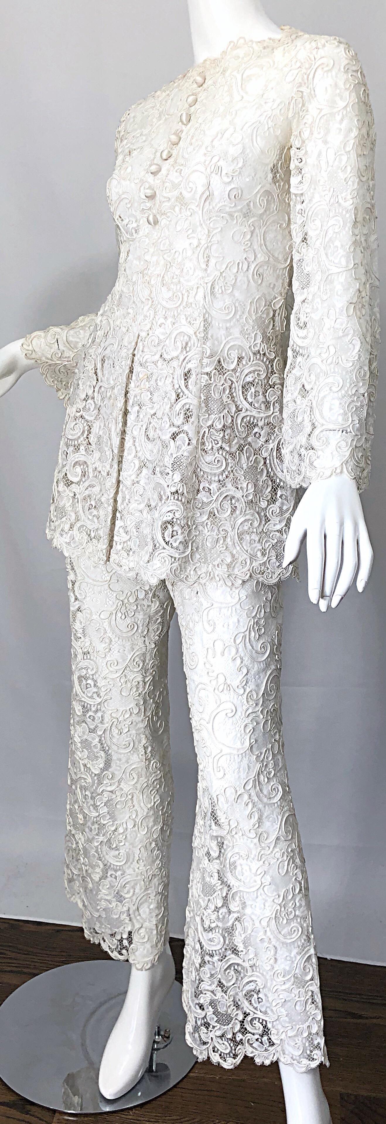 Women's Yves Saint Laurent YSL 1970s Rare Ivory Belgium Lace 70s Tunic and Flared Pants