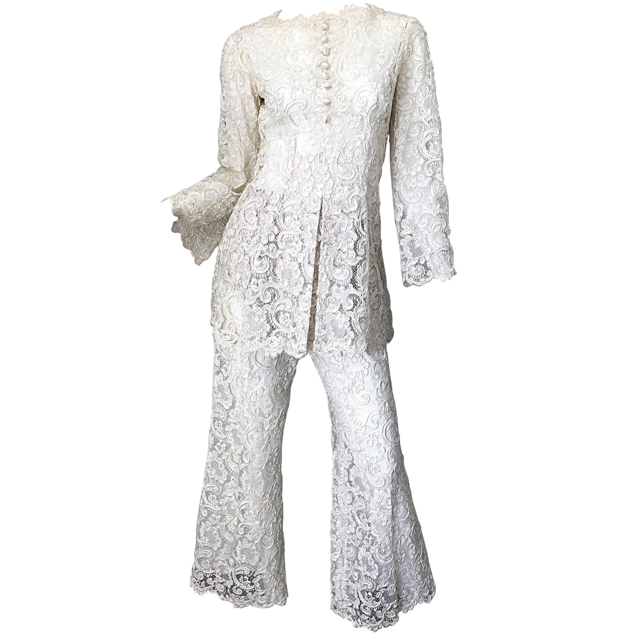 Yves Saint Laurent YSL 1970s Rare Ivory Belgium Lace 70s Tunic and Flared Pants