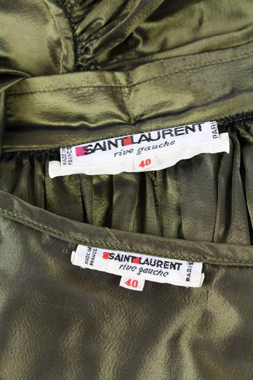 1978 YSL Yves Saint Laurent Green Silk Taffeta Blouse and Skirt Set For Sale 1