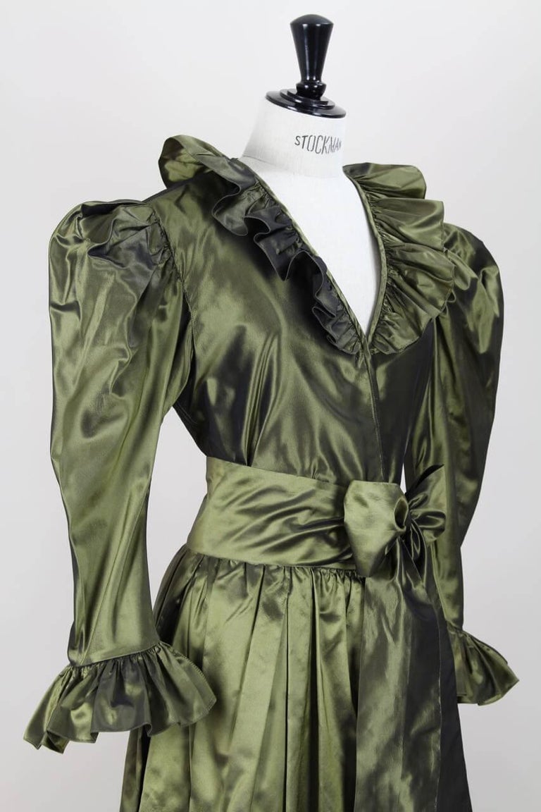 Fall 1974 Louis Mies Couture YSL Silk Taffeta Dress w Hand Embroidered Velvet Rose Detail