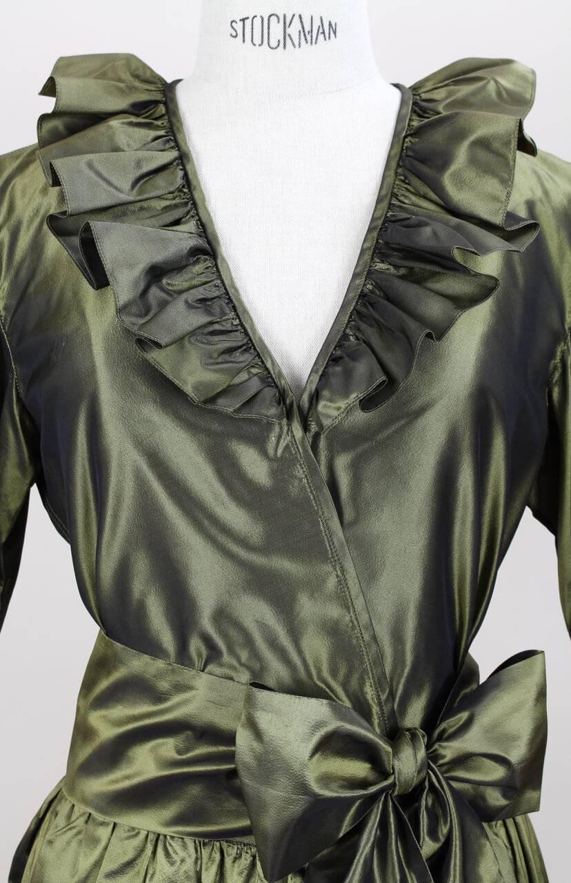 Black 1978 YSL Yves Saint Laurent Green Silk Taffeta Blouse and Skirt Set For Sale