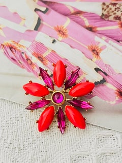 Yves Saint Laurent YSL 1980 Flower Fuchsia Red Crystal Marquise Openwork Brooch