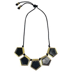 Yves Saint Laurent YSL 1980s Black Enamel & Gold Pendants on Cord Necklace