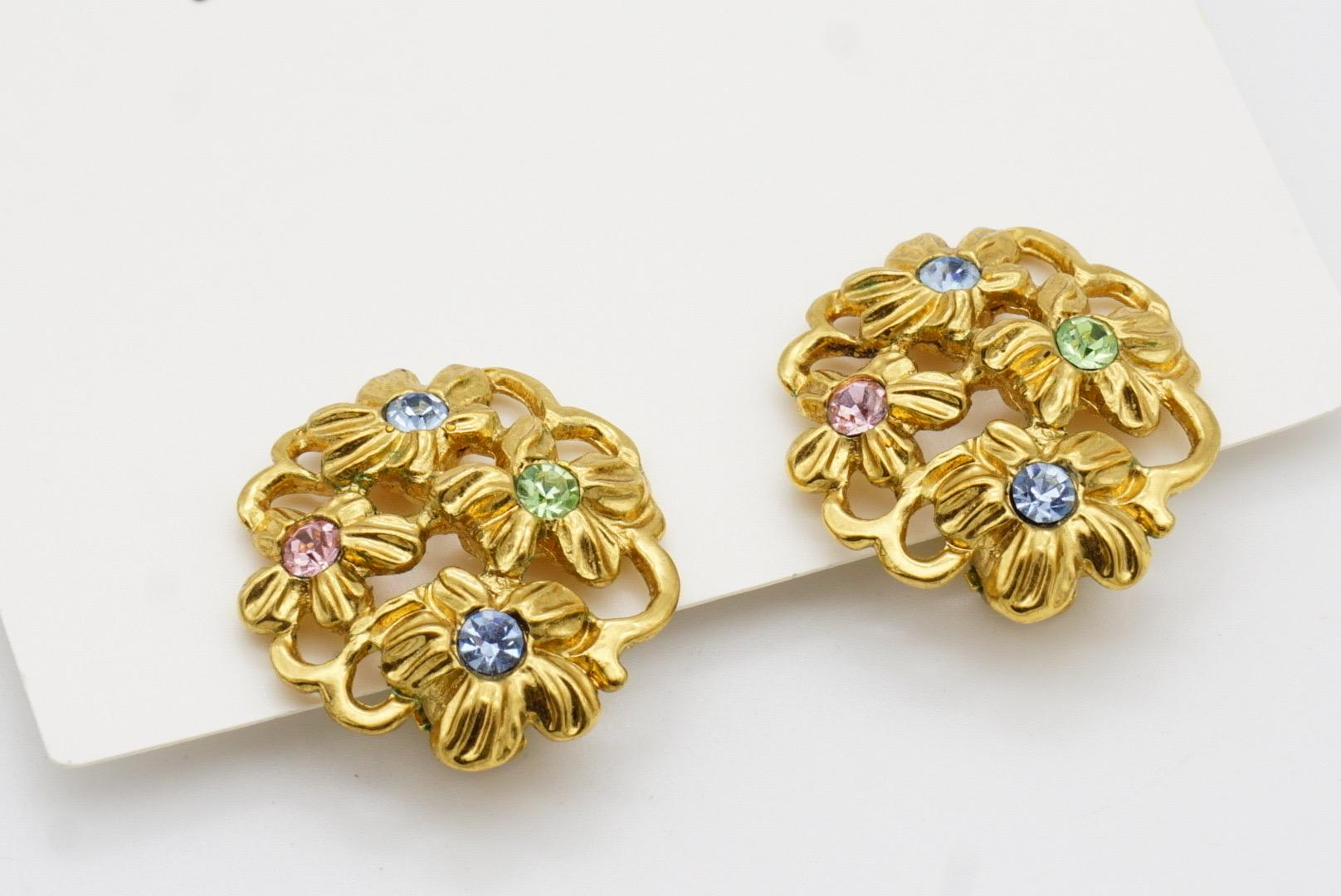 Yves Saint Laurent YSL 1980s Blue Pink Green Crystals Flower Openwork Earrings For Sale 5