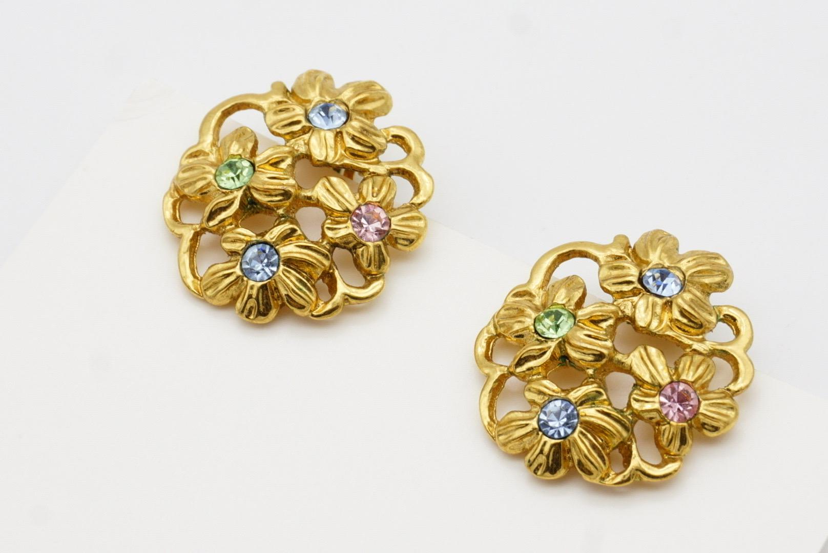 Yves Saint Laurent YSL 1980s Blue Pink Green Crystals Flower Openwork Earrings For Sale 6
