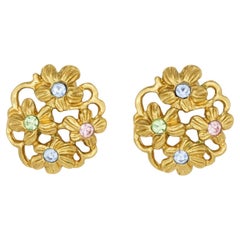 Yves Saint Laurent YSL 1980s Blue Pink Green Crystals Flower Openwork Earrings