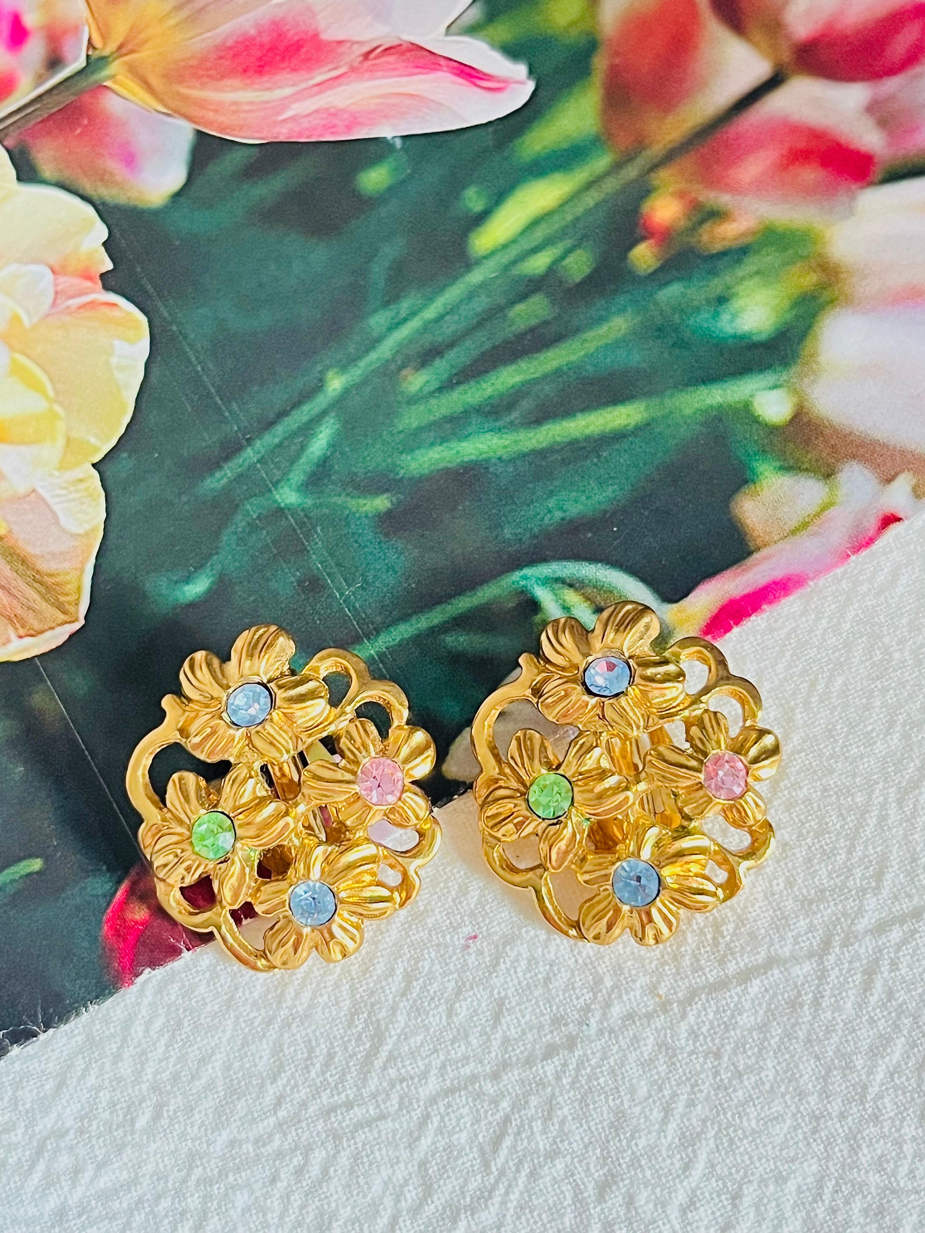 Art Deco Yves Saint Laurent YSL 1980s Blue Pink Green Crystals Flower Openwork Earrings For Sale