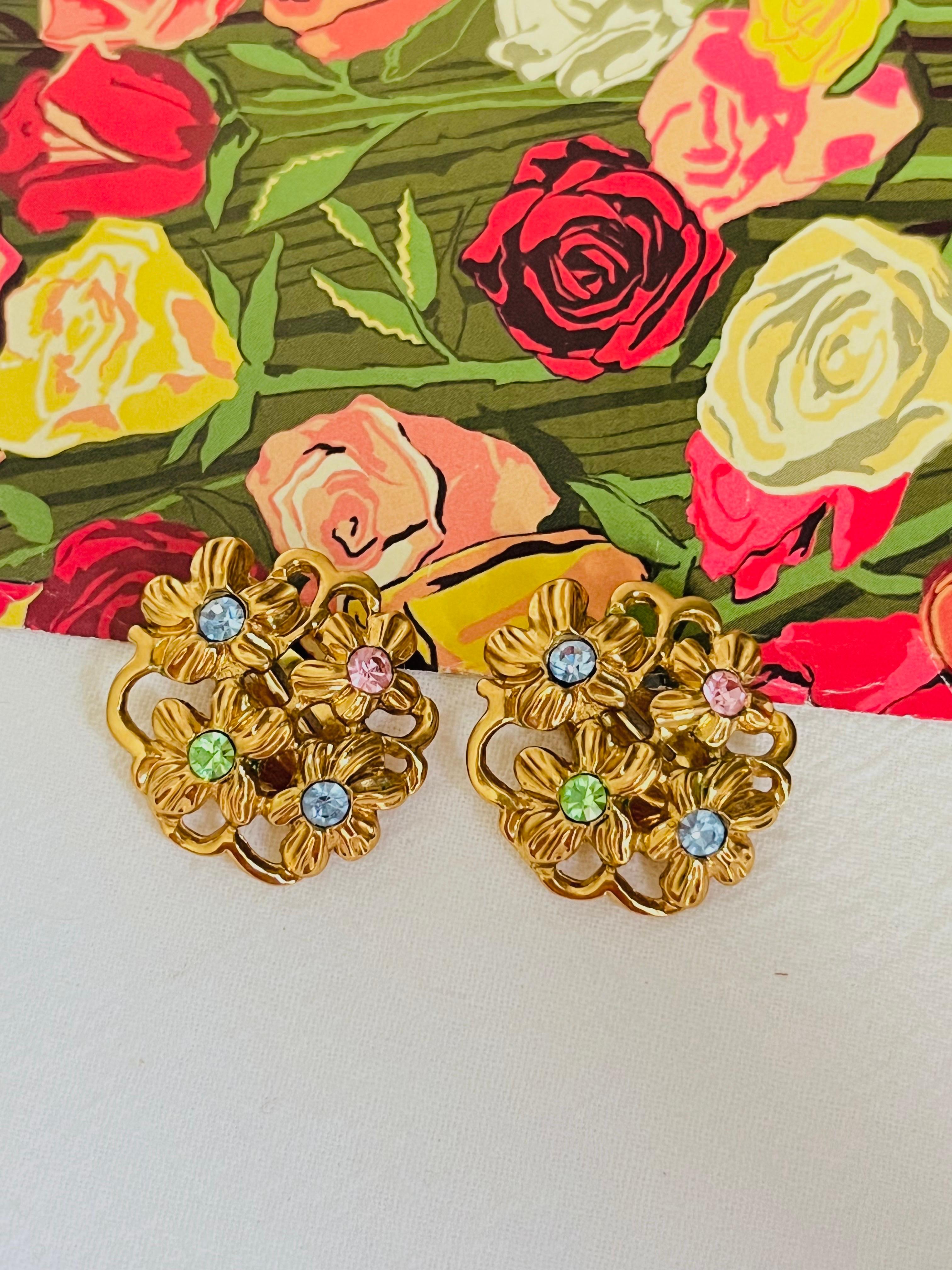 Yves Saint Laurent YSL 1980s Blue Pink Green Crystals Flower Openwork Earrings In Good Condition For Sale In Wokingham, England