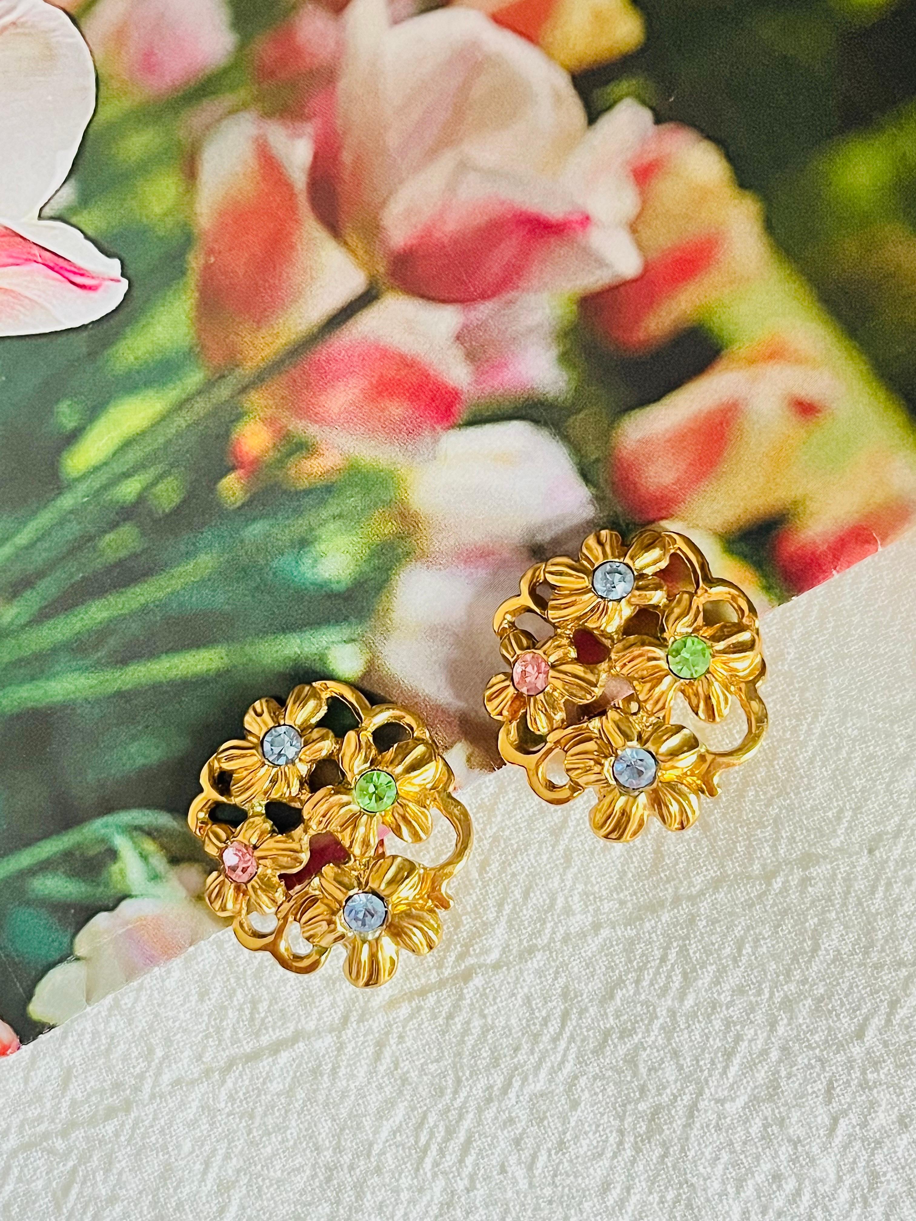 Women's or Men's Yves Saint Laurent YSL 1980s Blue Pink Green Crystals Flower Openwork Earrings For Sale