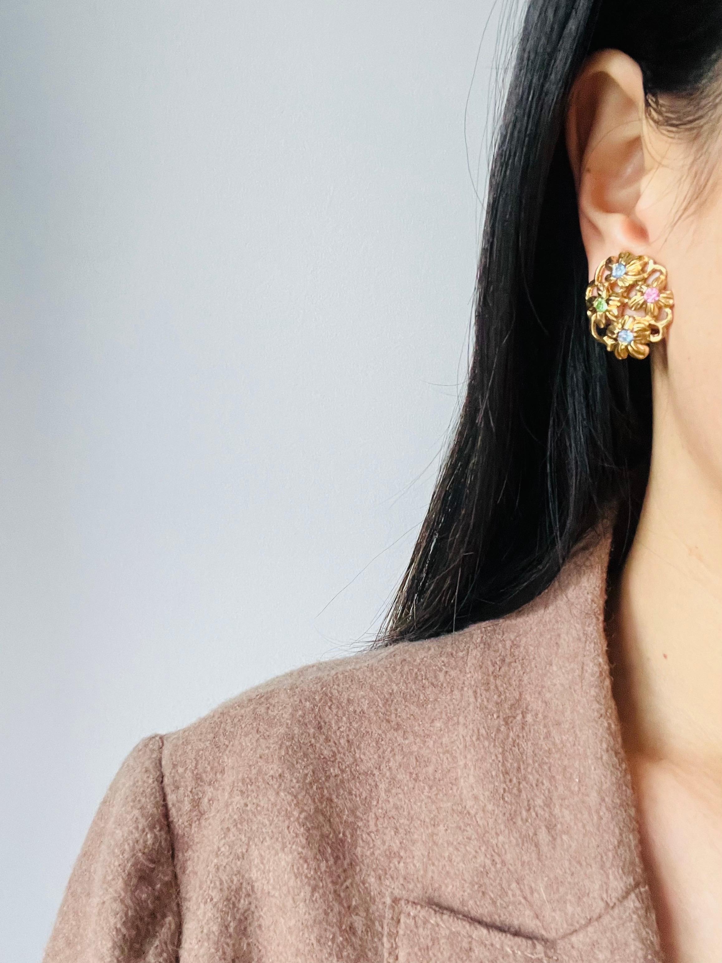 Yves Saint Laurent YSL 1980s Blue Pink Green Crystals Flower Openwork Earrings For Sale 1