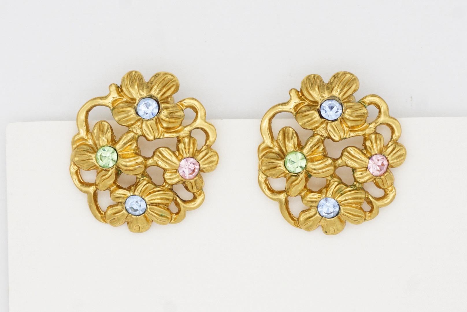 Yves Saint Laurent YSL 1980s Blue Pink Green Crystals Flower Openwork Earrings 2