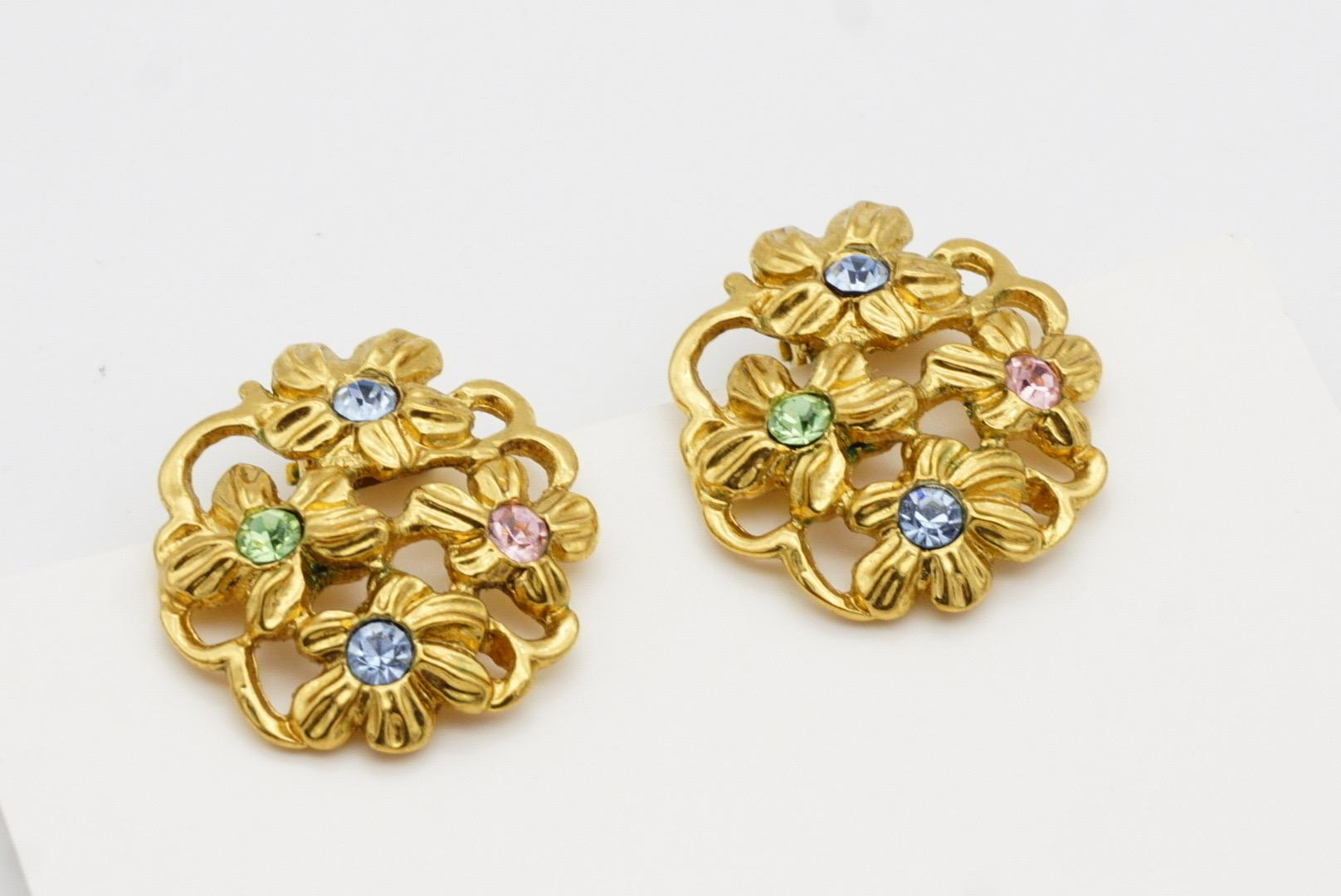Yves Saint Laurent YSL 1980s Blue Pink Green Crystals Flower Openwork Earrings For Sale 4