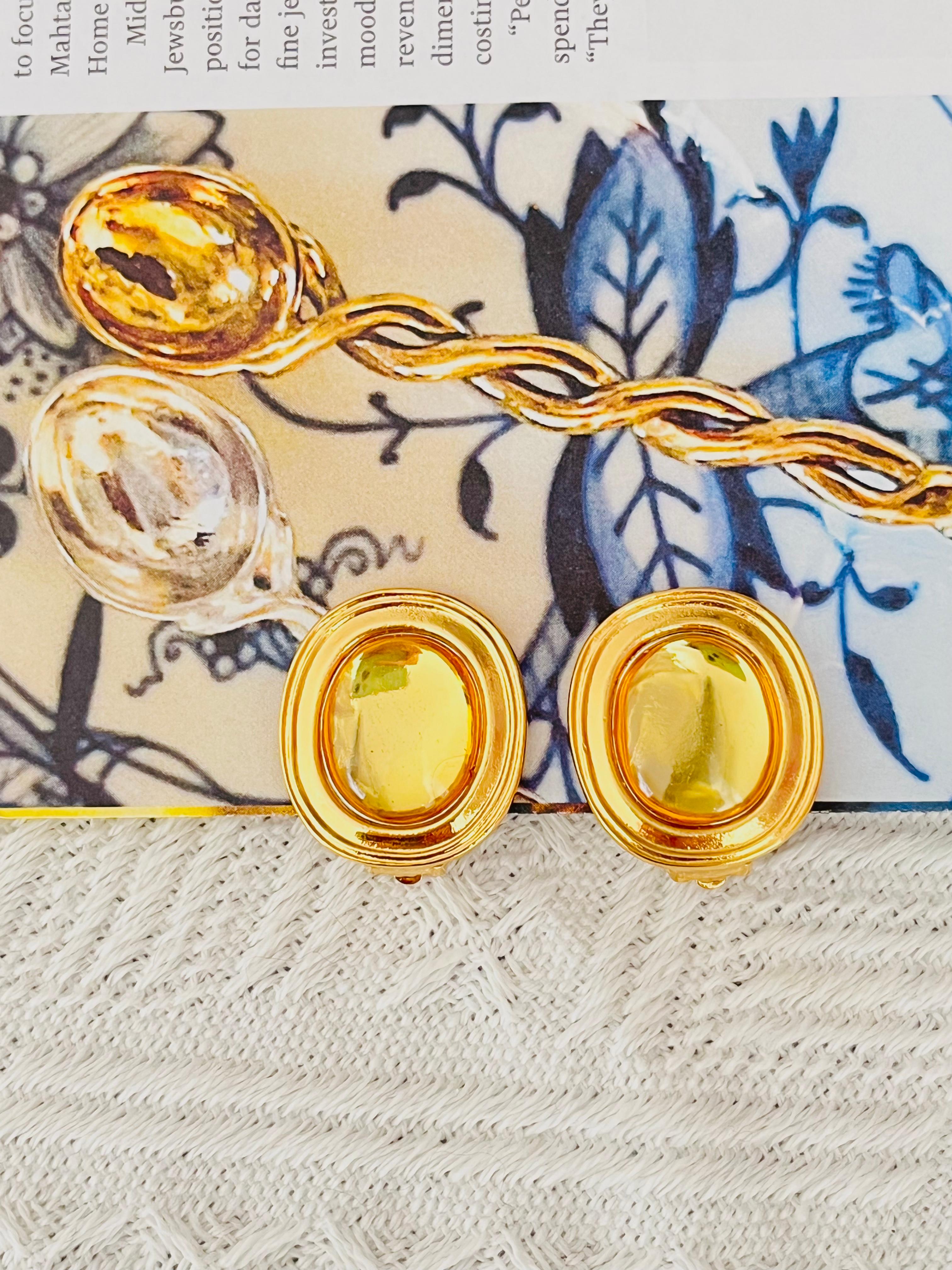 Art Deco Yves Saint Laurent YSL 1980s Clear Citrine Topaz Cabochon Crystal Oval Earrings For Sale