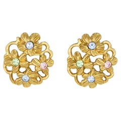 Yves Saint Laurent YSL 1980s Flower Blue Pink Green Crystals Openwork Earrings