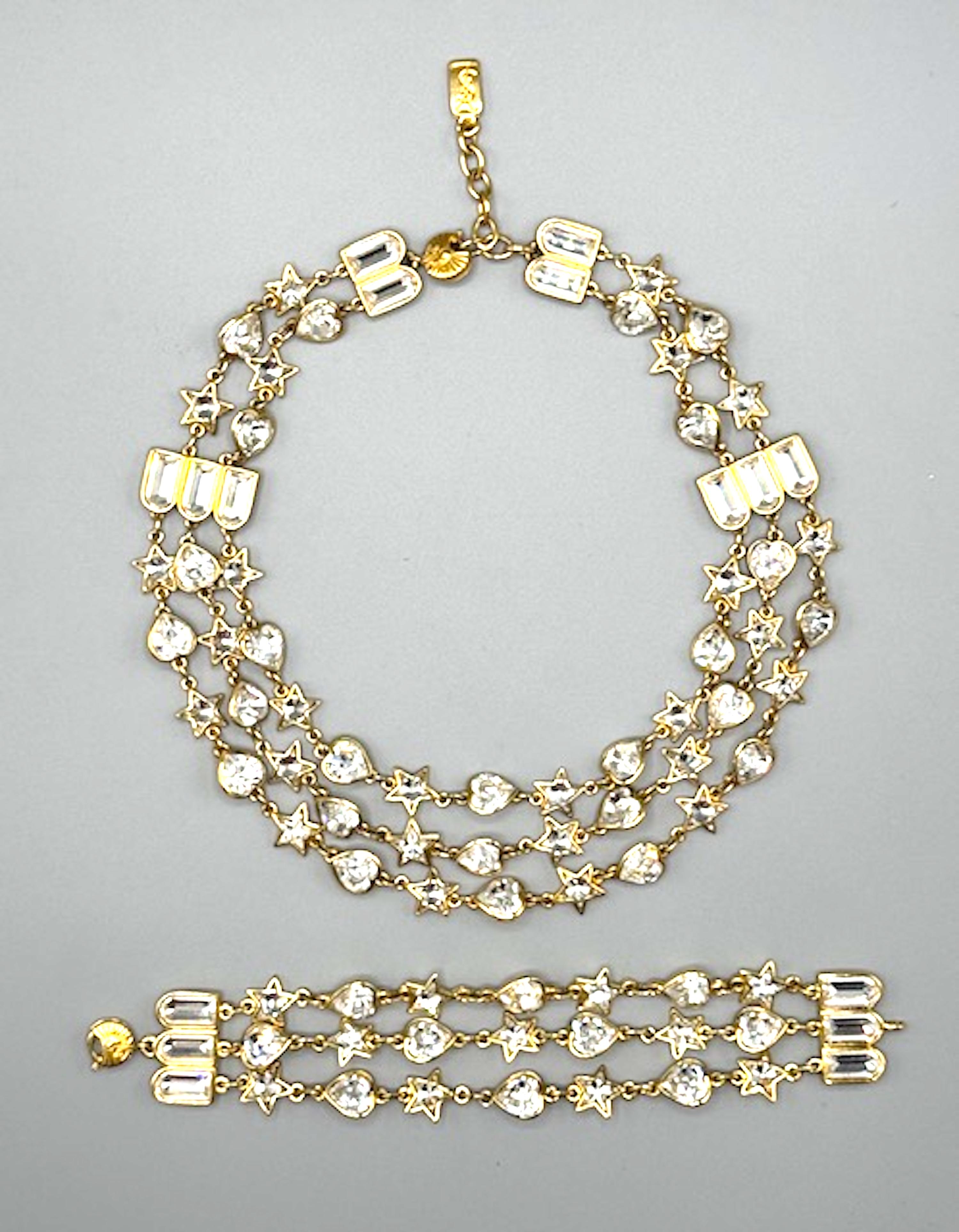 Yves Saint Laurent YSL 1980s Gold & Crystal 3 Strand Necklace and Bracelet Set 8