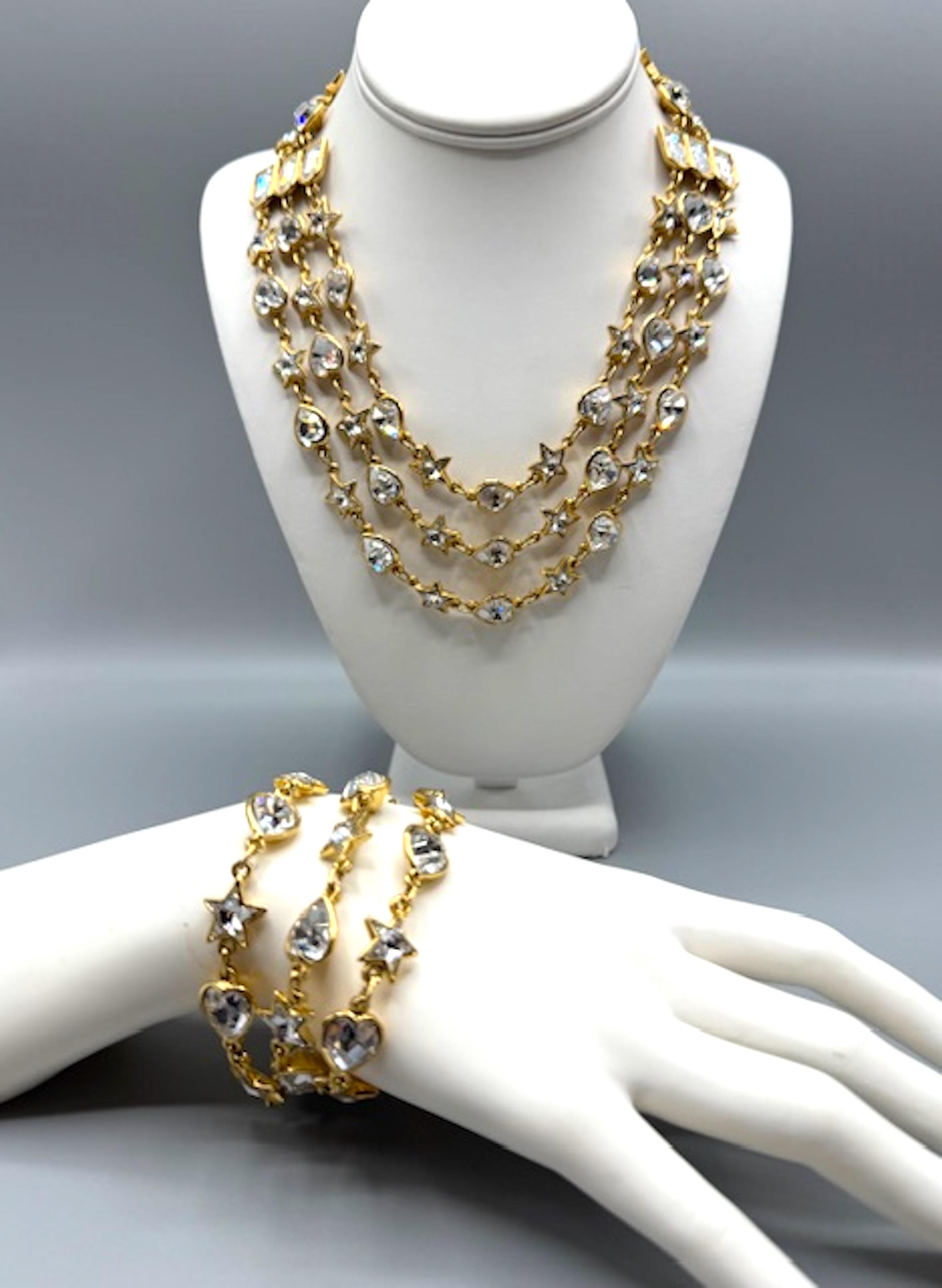 Mixed Cut Yves Saint Laurent YSL 1980s Gold & Crystal 3 Strand Necklace and Bracelet Set