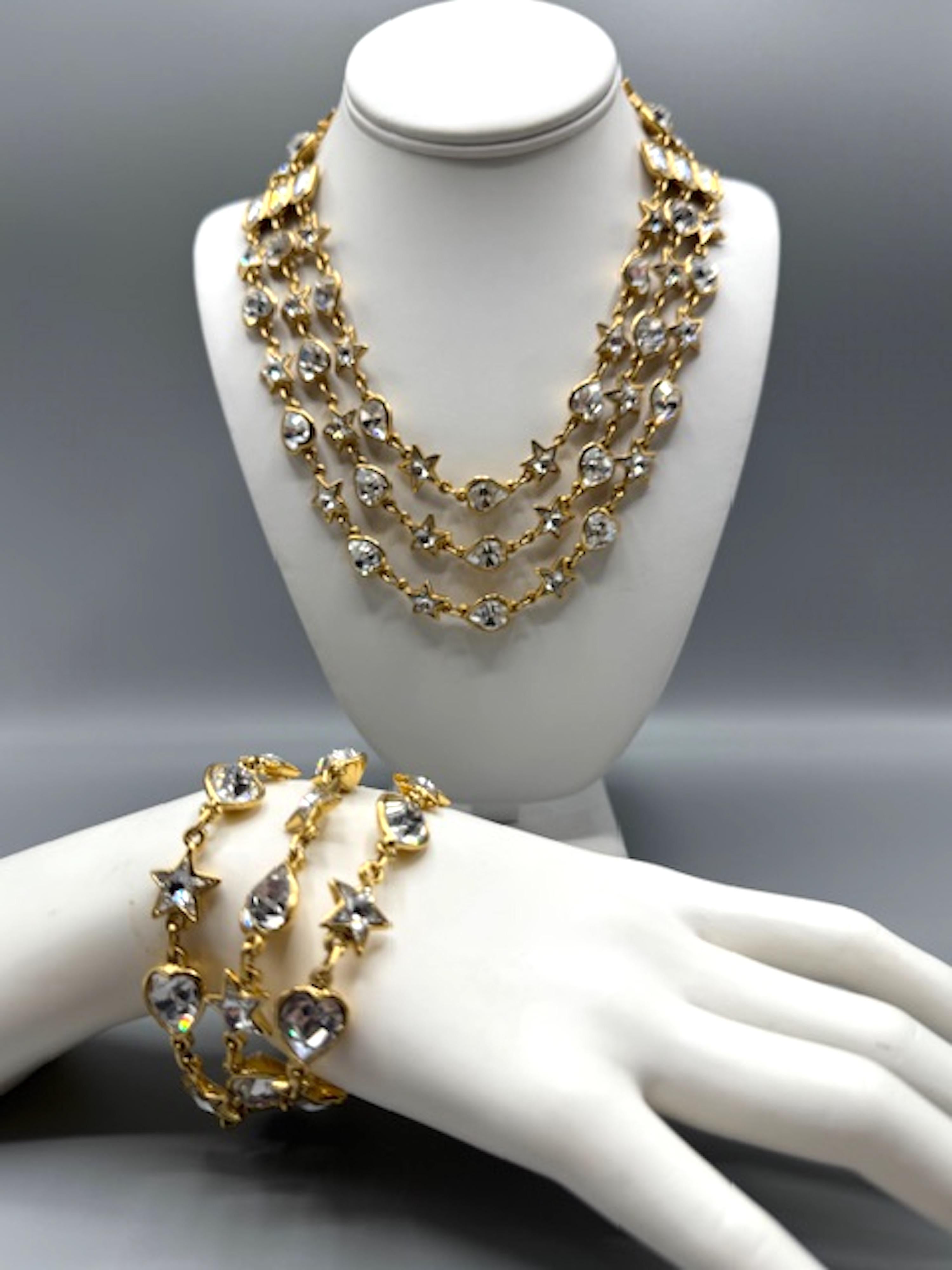 Yves Saint Laurent YSL 1980s Gold & Crystal 3 Strand Necklace and Bracelet Set In Good Condition In New York, NY