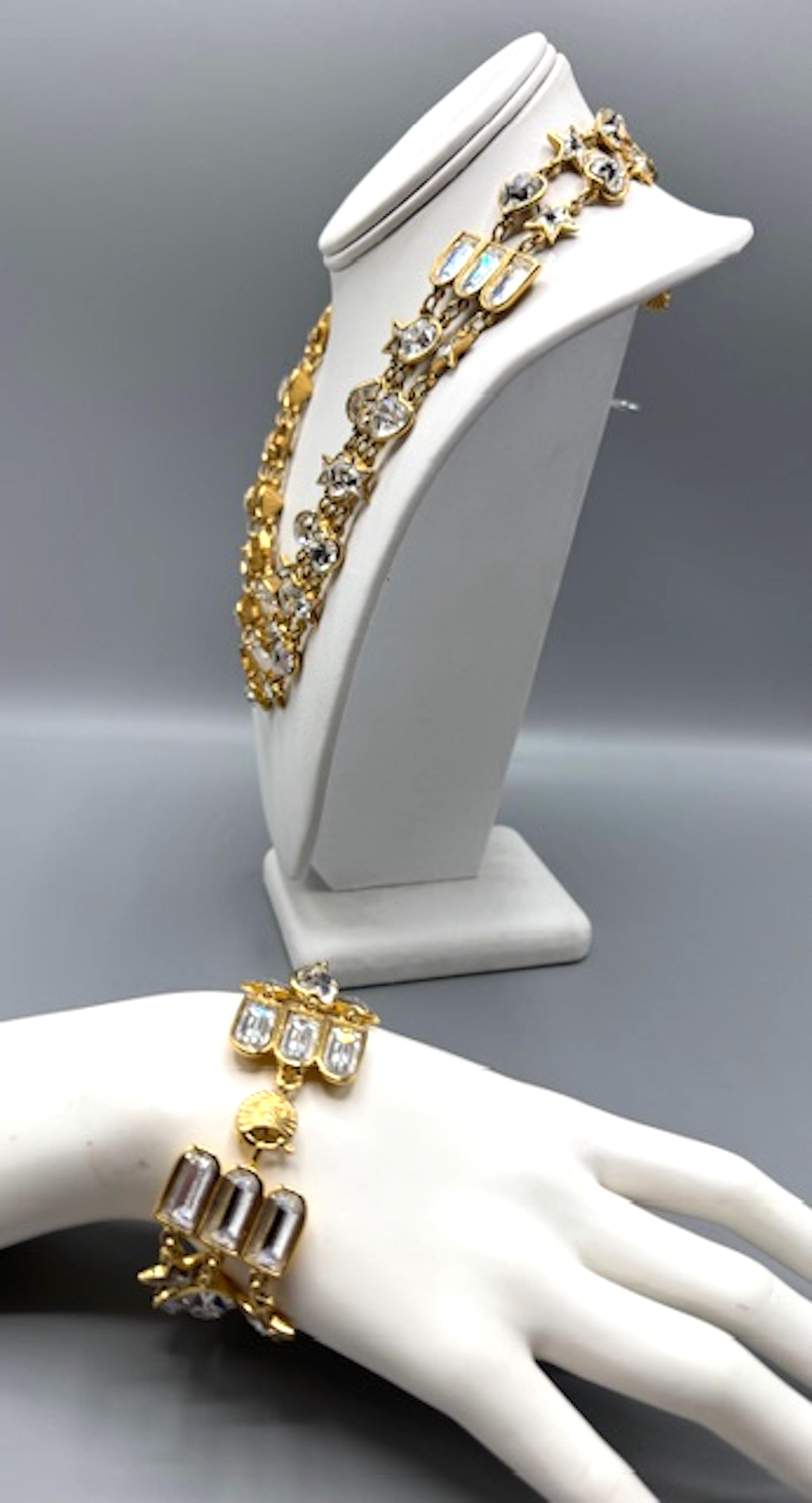 Women's Yves Saint Laurent YSL 1980s Gold & Crystal 3 Strand Necklace and Bracelet Set