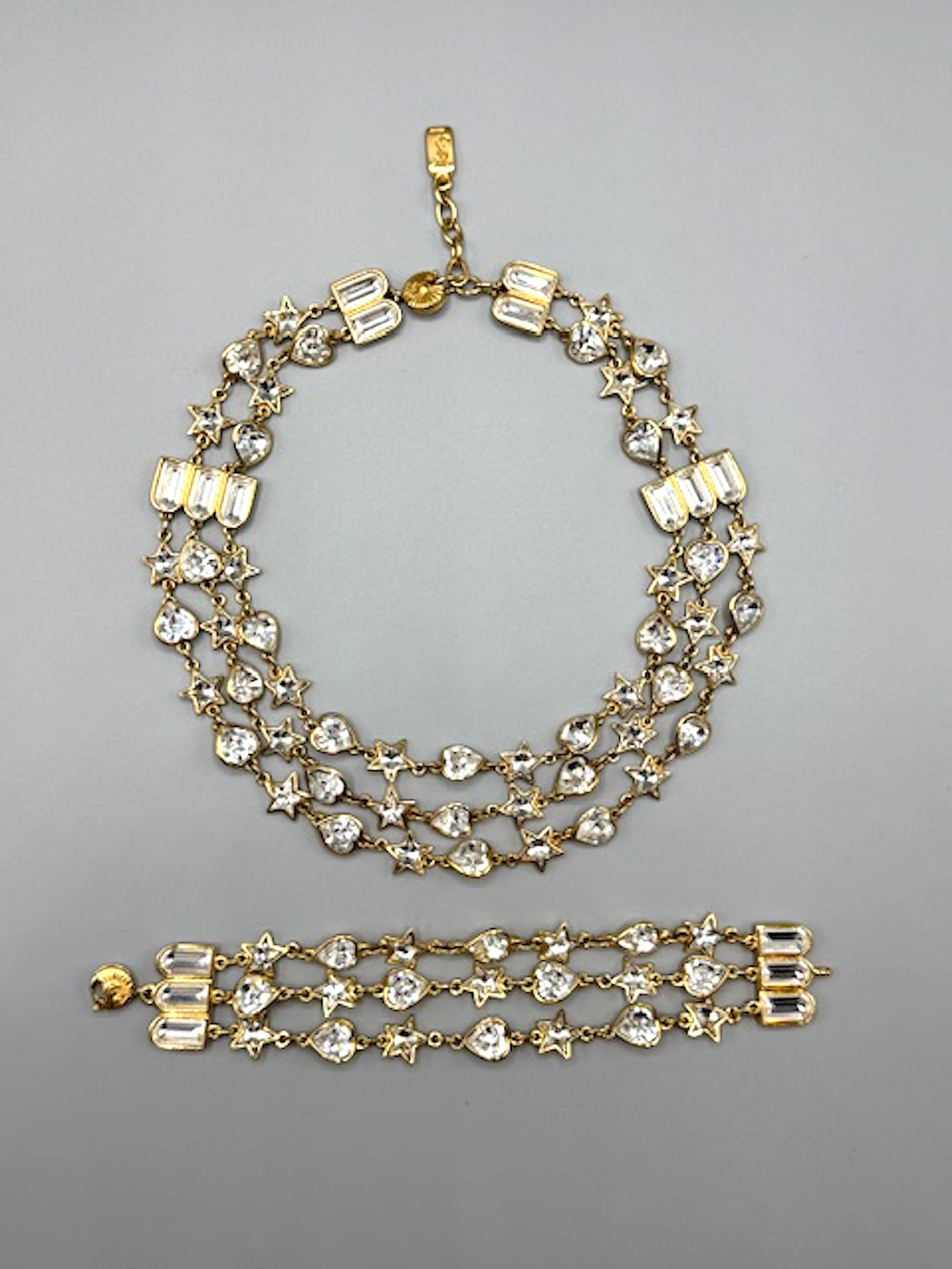 Yves Saint Laurent YSL 1980s Gold & Crystal 3 Strand Necklace and Bracelet Set 4