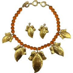 Yves Saint Laurent YSL 1980s Gold Leaves Necklace 
Earrings