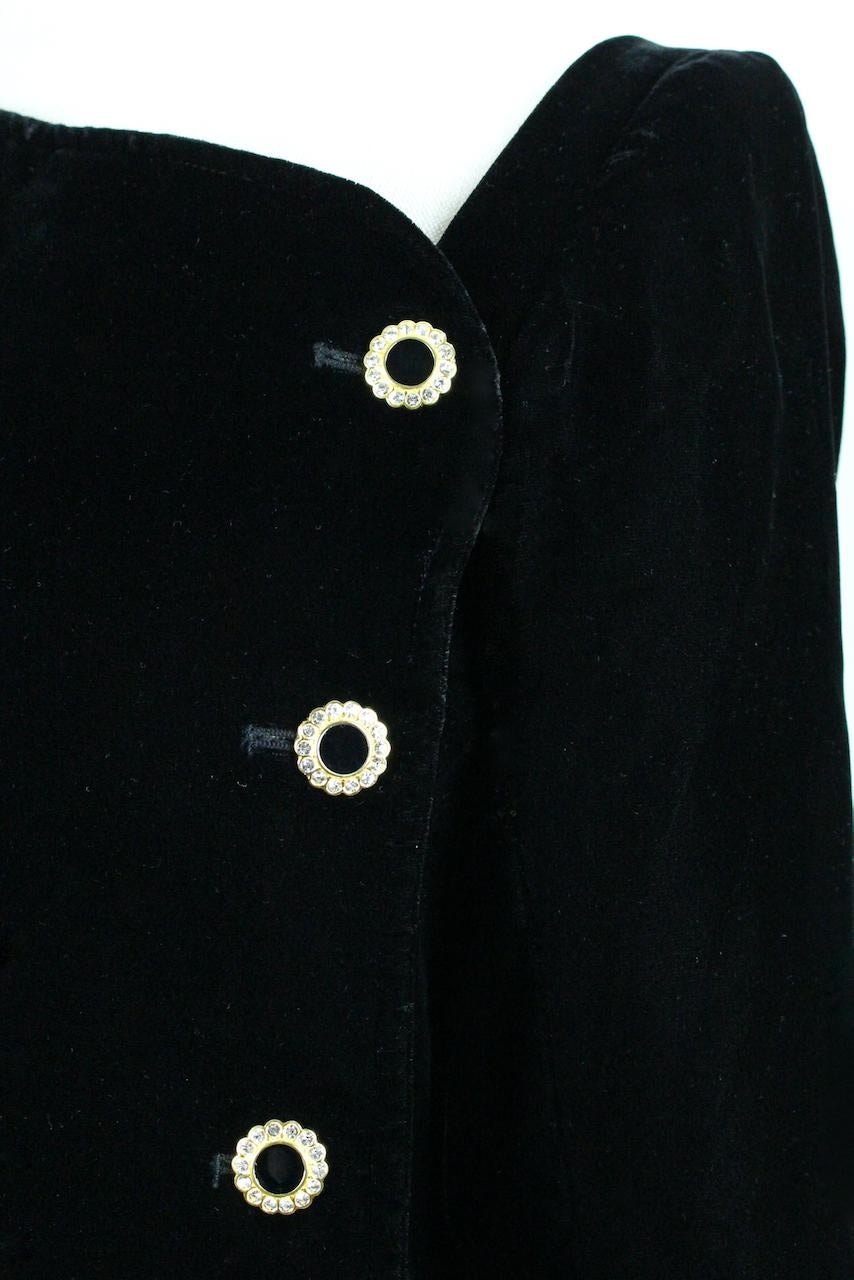 Fall 1983 Yves Saint Laurent Ad Campaign Black Velvet Dress with Jewel Buttons For Sale 1