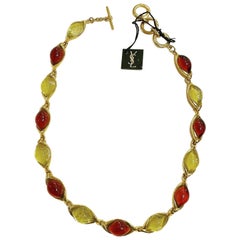 Yves Saint Laurent YSL 1980s Vintage Gilt and Glass Fashion Necklace Never Used