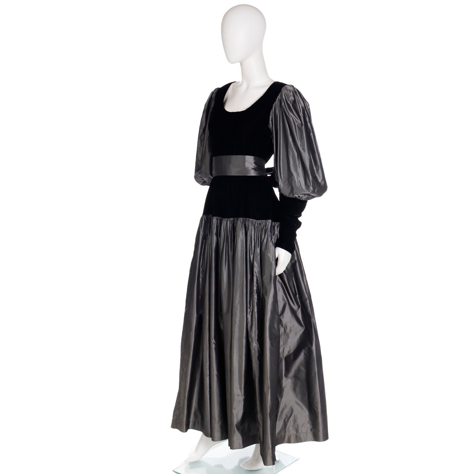 Yves Saint Laurent YSL 1982 Silver Taffeta and Black Velvet Runway Evening Dress For Sale 6