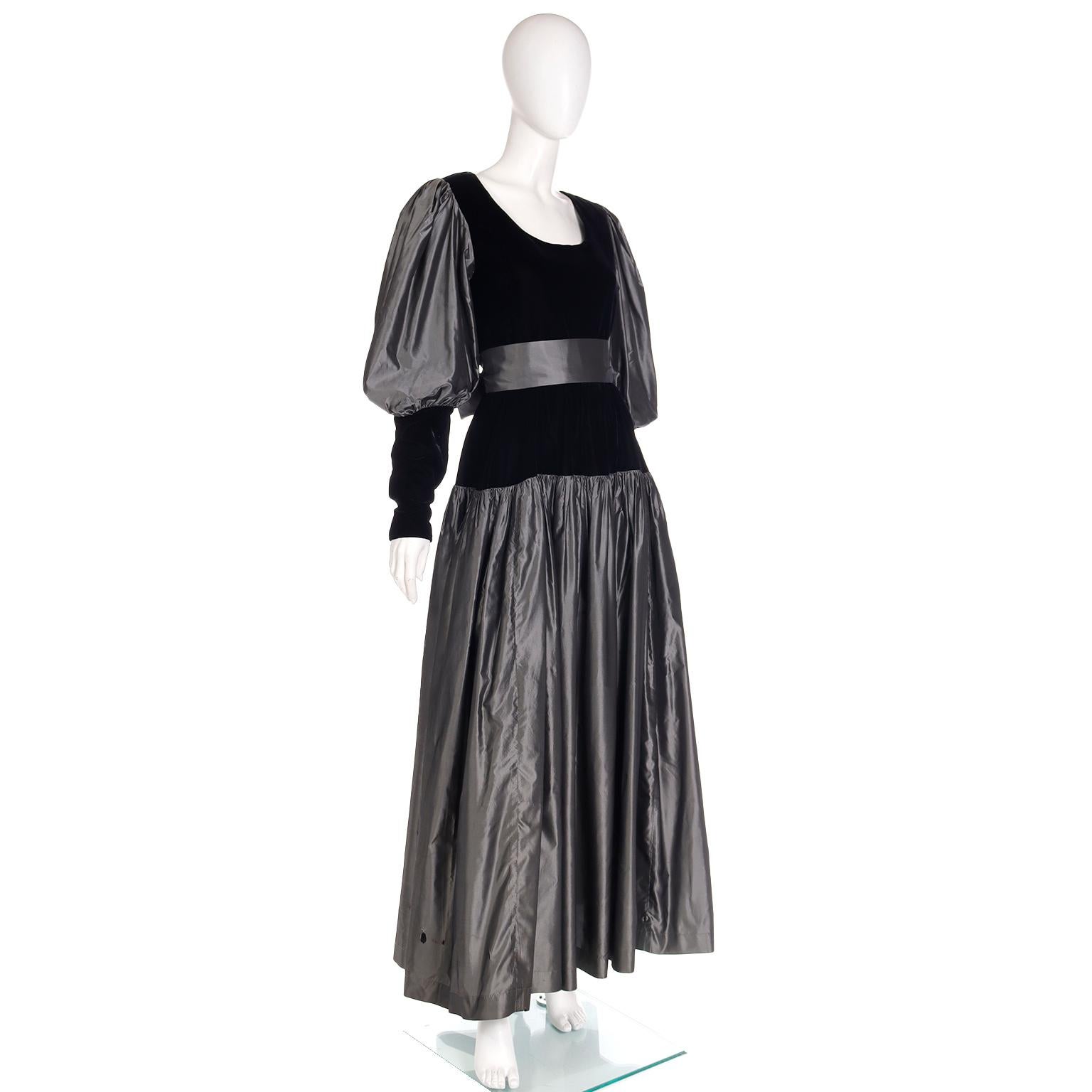 Yves Saint Laurent YSL 1982 Silver Taffeta and Black Velvet Runway Evening Dress For Sale 8