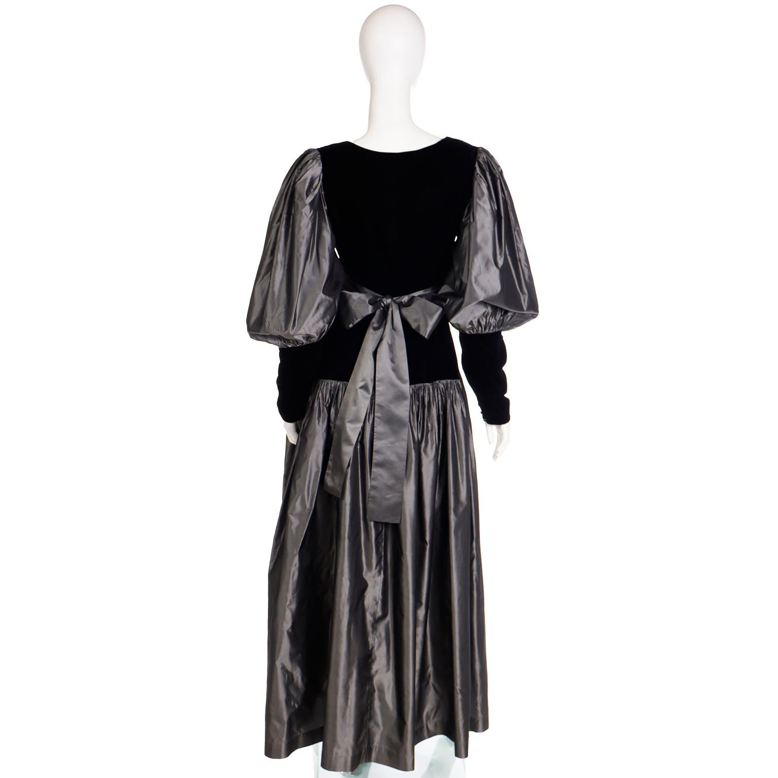 Yves Saint Laurent YSL 1982 Silver Taffeta and Black Velvet Runway Evening Dress For Sale 9
