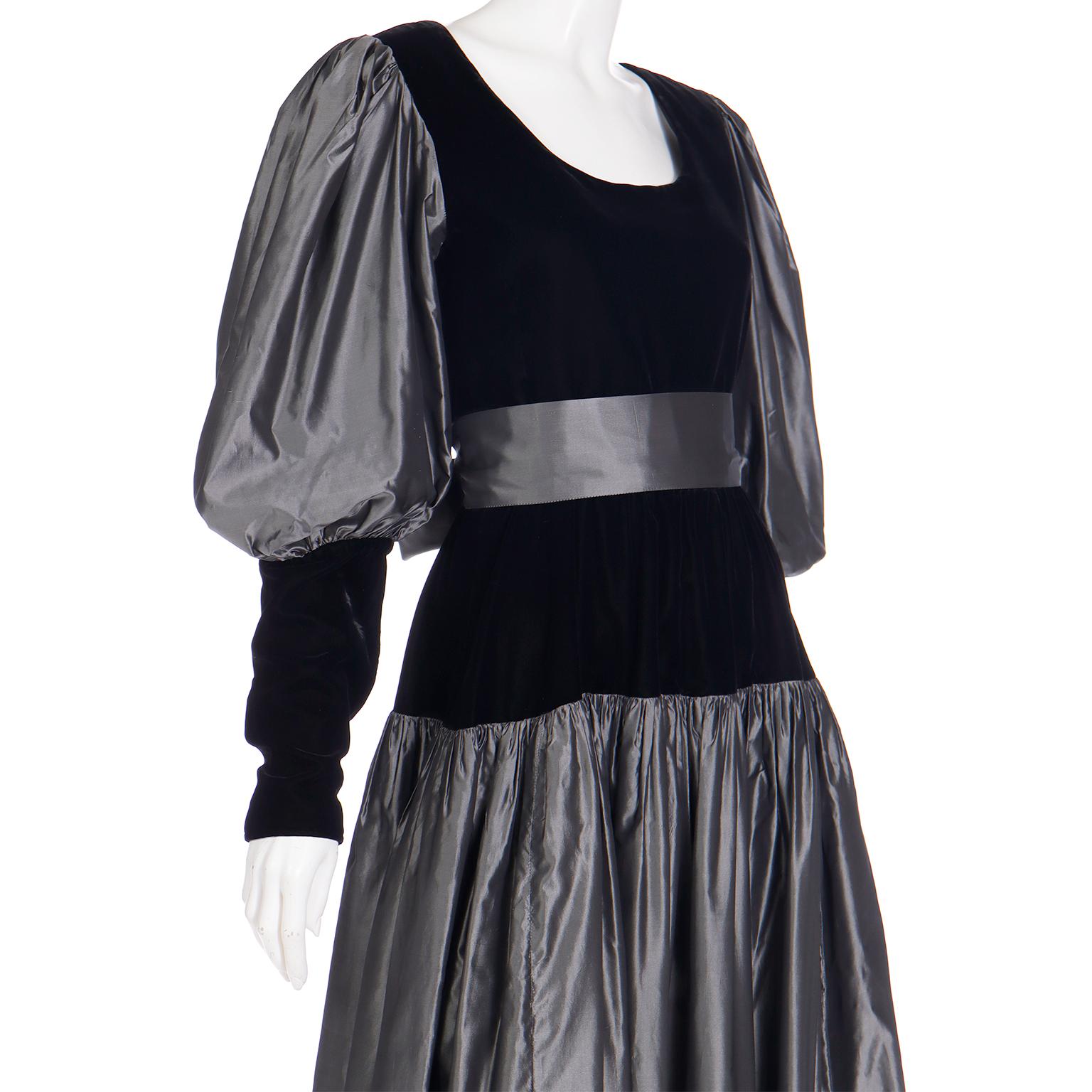 Yves Saint Laurent YSL 1982 Silver Taffeta and Black Velvet Runway Evening Dress For Sale 11