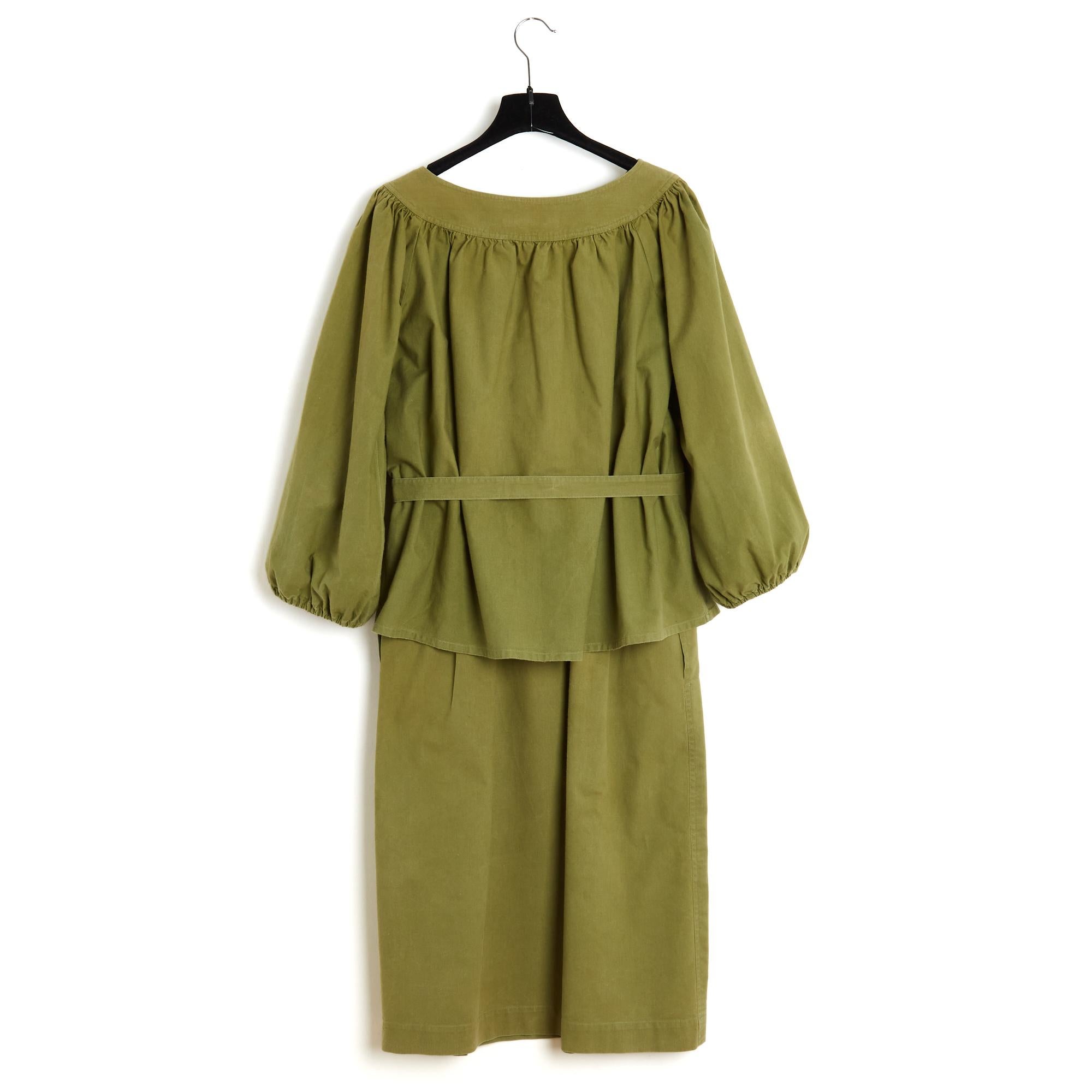 Yves Saint Laurent YSL 1985s Ensemble FR38 Olive Cotton Top and Skirt UK10 US8 For Sale 1