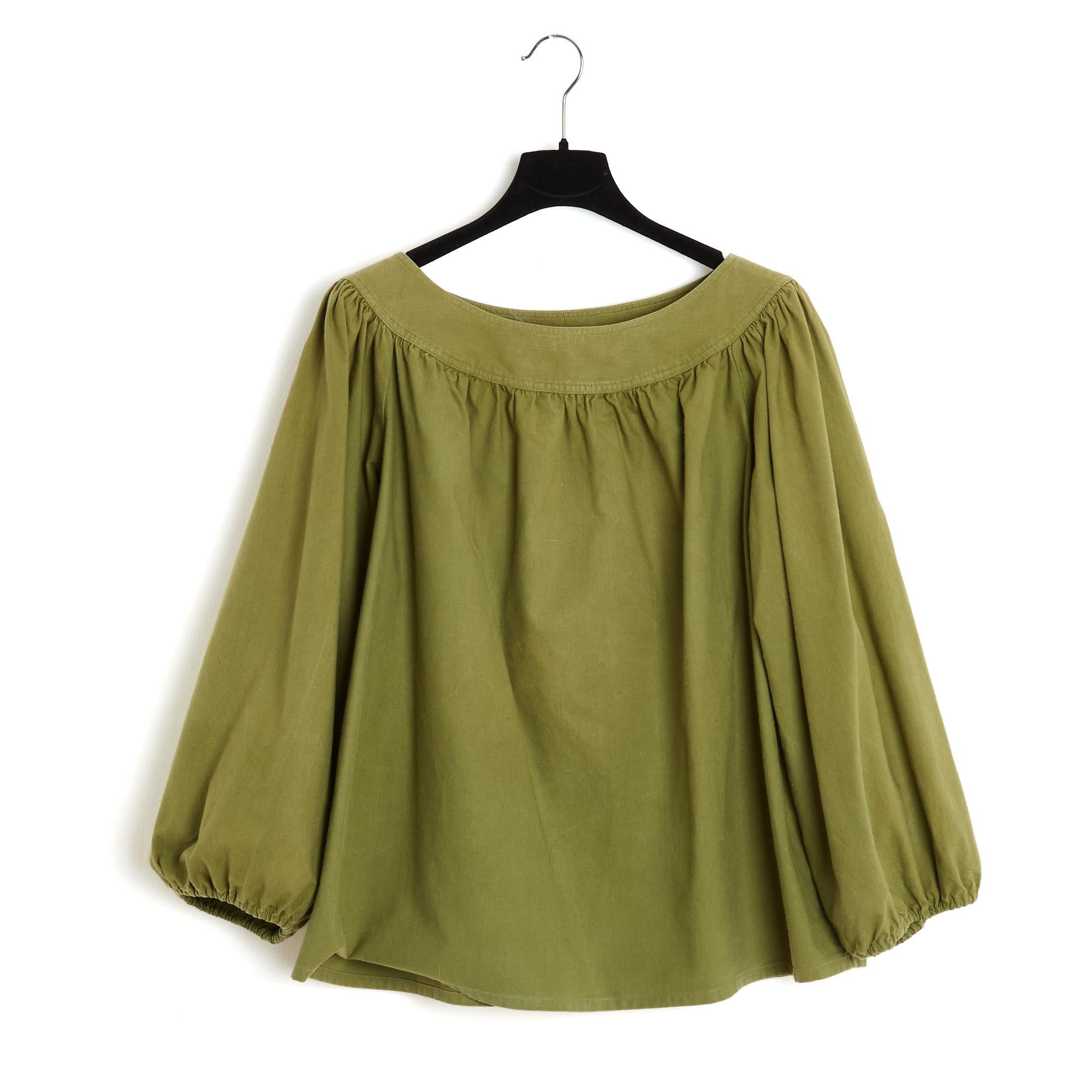 Yves Saint Laurent YSL 1985s Ensemble FR38 Olive Cotton Top and Skirt UK10 US8 For Sale 2