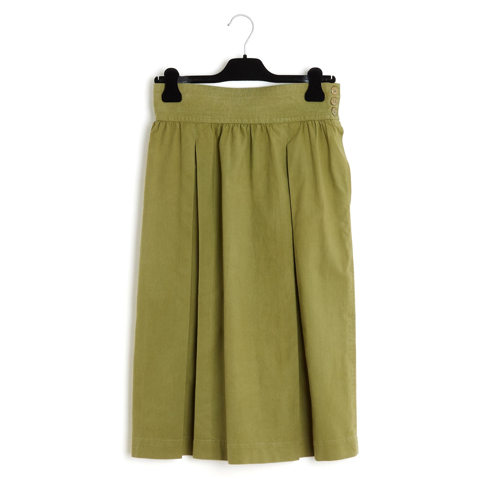 Yves Saint Laurent YSL 1985s Ensemble FR38 Olive Cotton Top and Skirt UK10 US8 For Sale 3