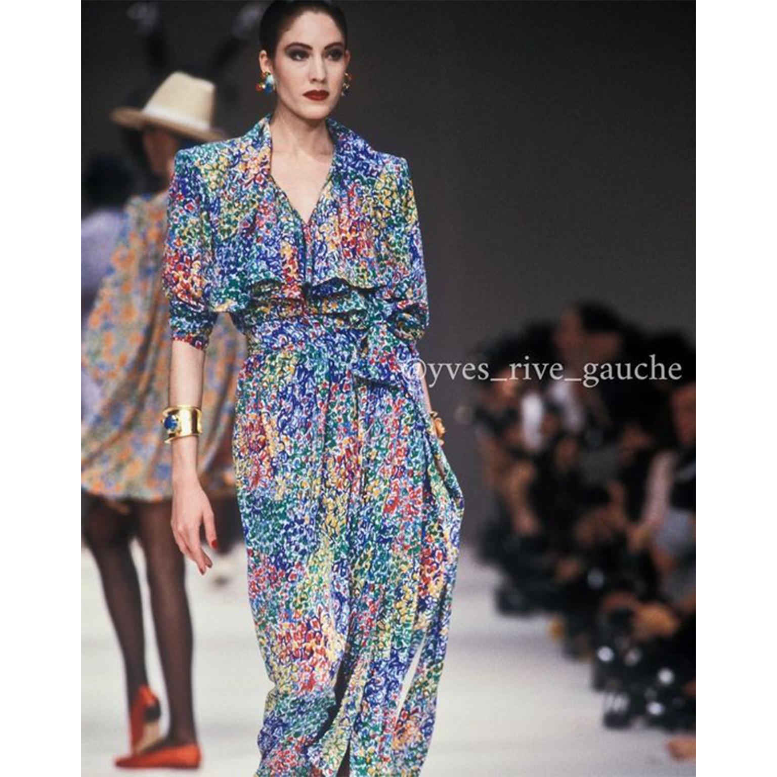 We love vintage Yves Saint Laurent and we especially love his iconic silk dresses. Beautiful, unique prints were a signature element of Saint Laurent's vintage designs. This 100% silk wrap dress was featured on the Spring Summer 1989 YSL runway.
