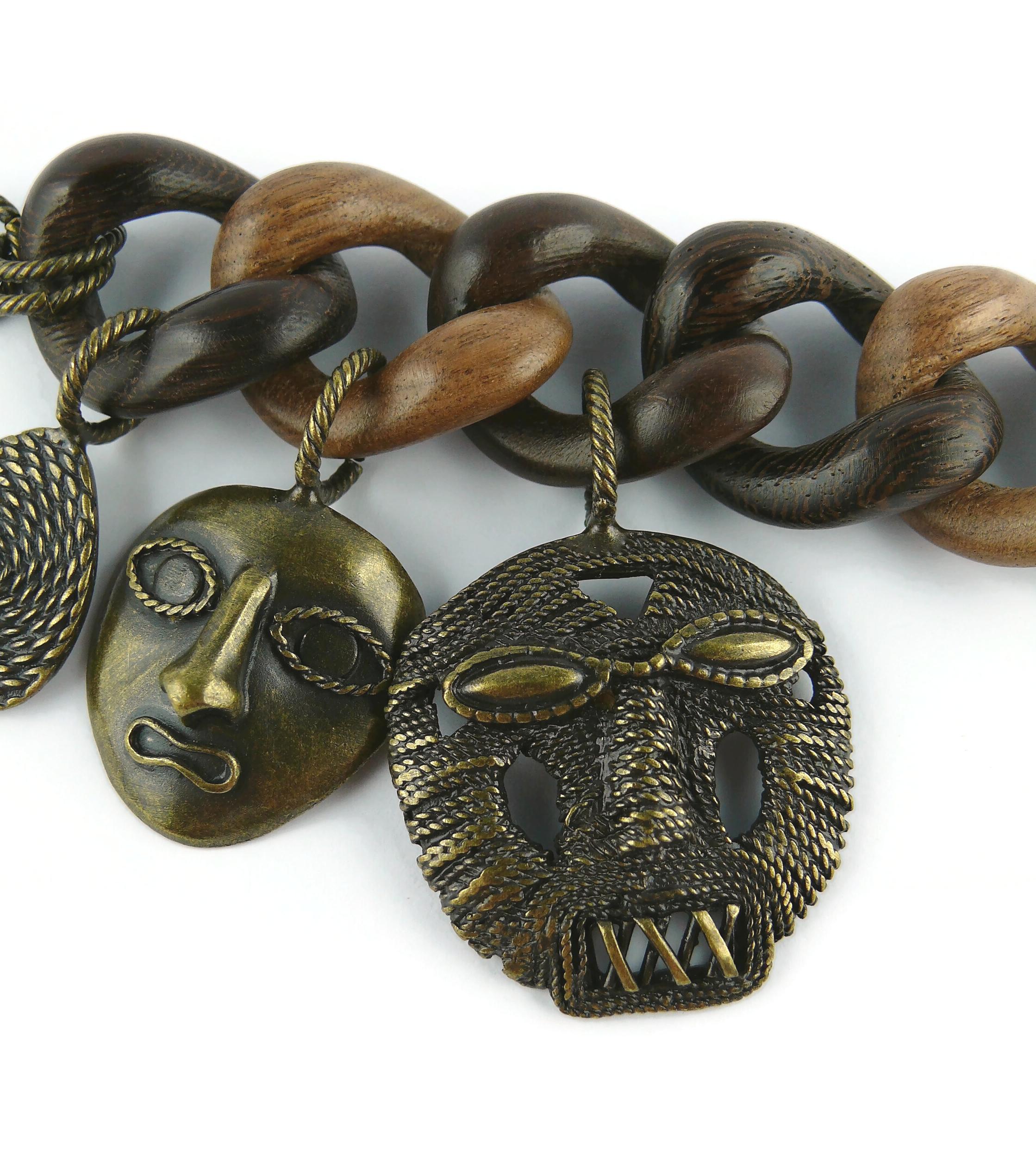 Women's Yves Saint Laurent YSL African Mask Charm Wood Link Bracelet For Sale
