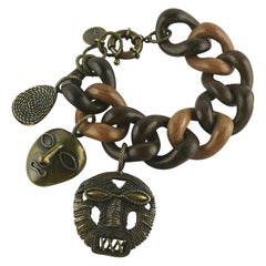 Yves Saint Laurent YSL African Mask Charm Wood Link Bracelet