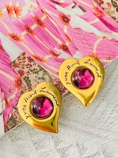 Yves Saint Laurent YSL Amethyst Gripoix Cabochon Heart Love Logo Clip Earrings