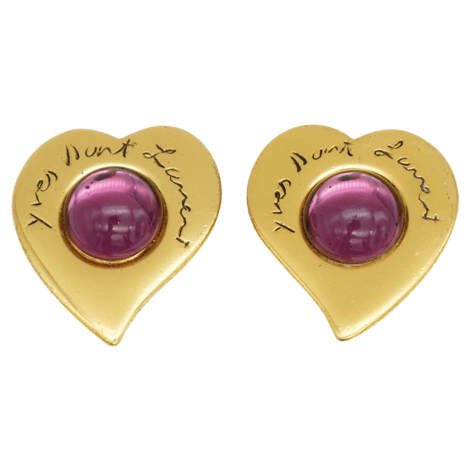 Yves Saint Laurent YSL Amethyst Gripoix Cabochon Heart Love Logo Clip Earrings For Sale